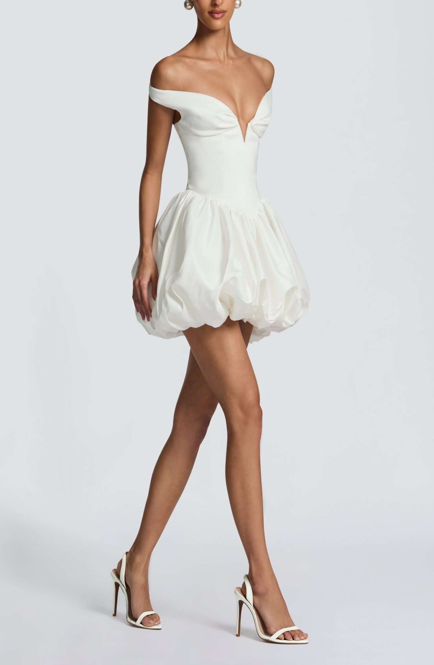 Eileen Ivory Textured Taffeta Puffball Mini Dress Bardot Straps - Image 6