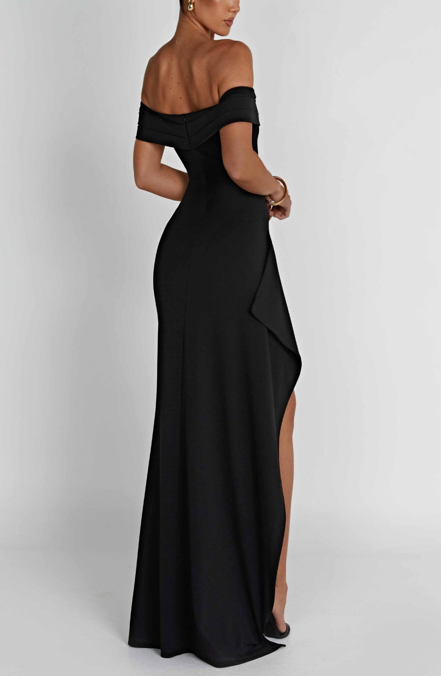 Elegant Black Bardot Maxi Dress with Thigh Split - Image 6
