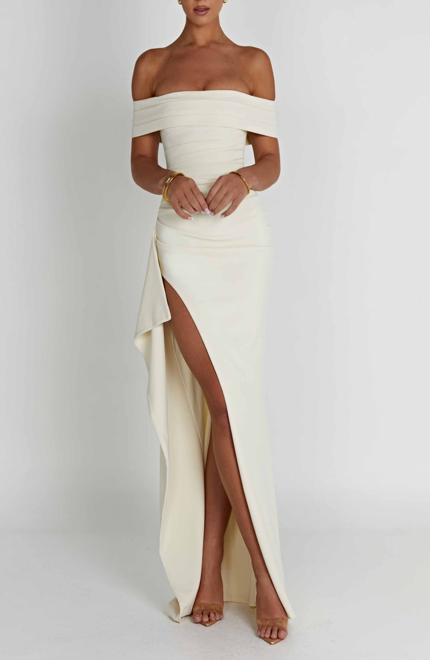 Elegant Ivory Bardot Maxi Dress with Thigh-High Split - Image 11