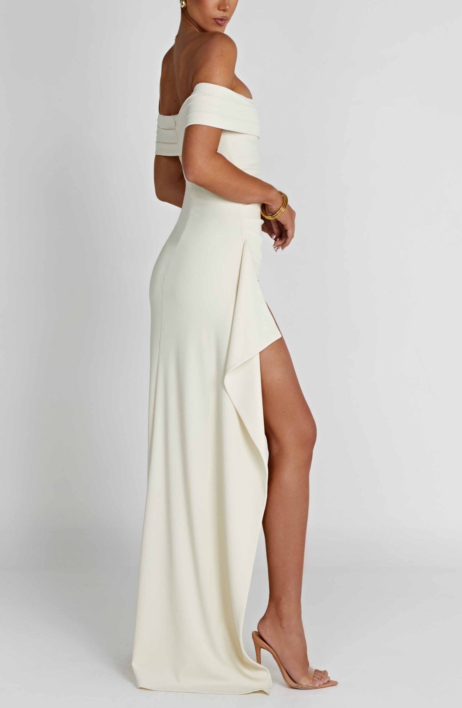 Elegant Ivory Bardot Maxi Dress with Thigh-High Split - Image 9