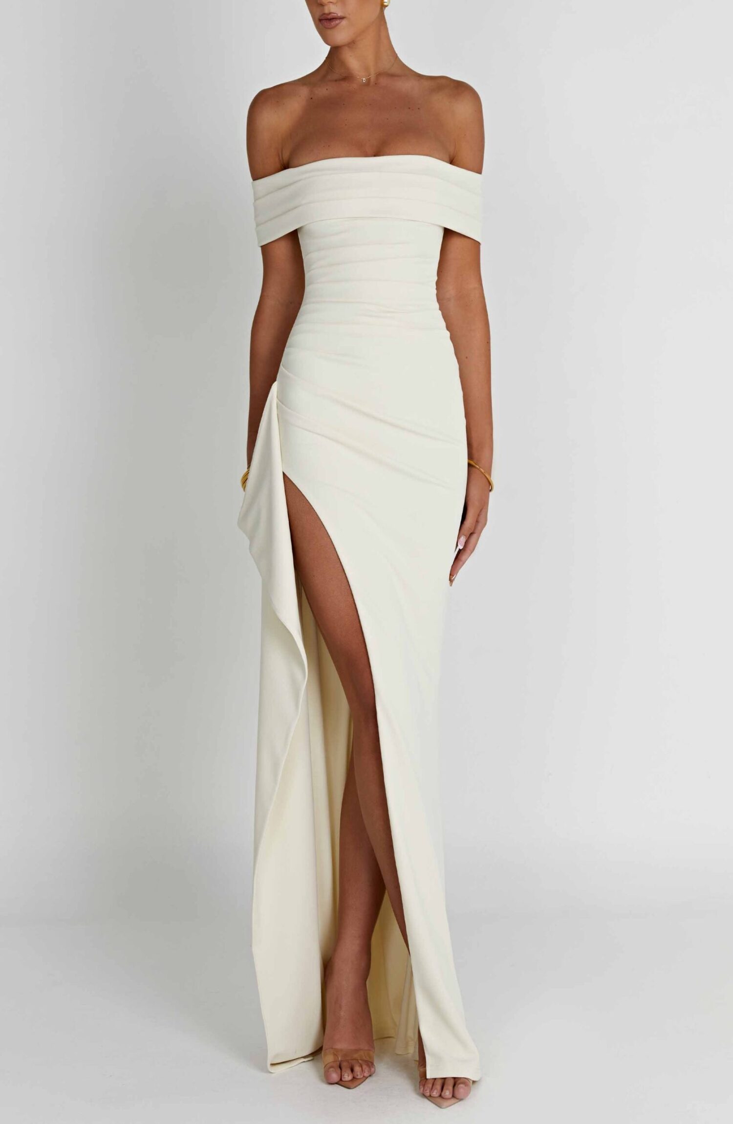 Elegant Ivory Bardot Maxi Dress with Thigh-High Split - Image 12