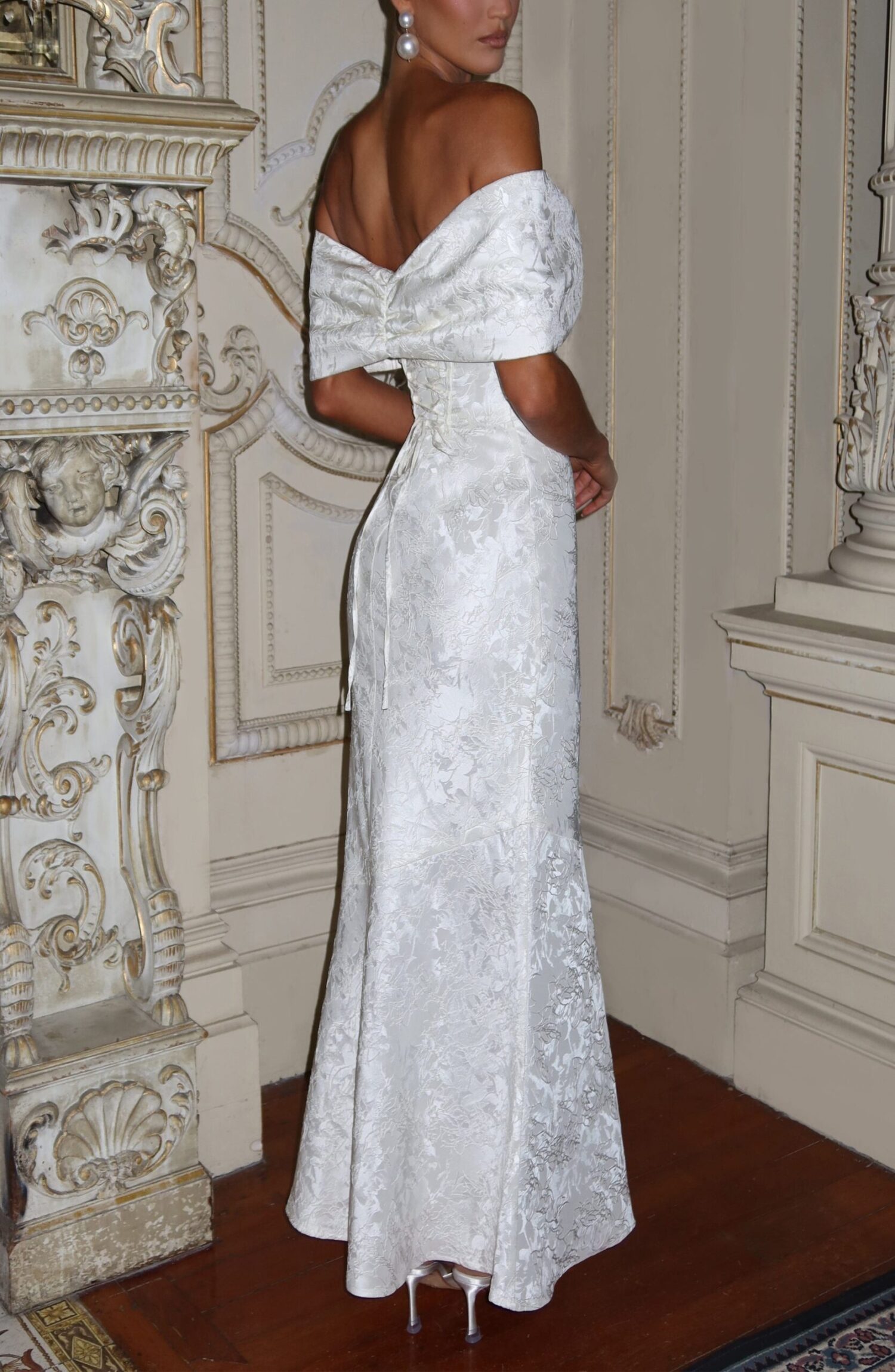 Emberly Maxi Dress Ivory Bardot Bow Lace Up Floral Jacquard Gown - Image 2