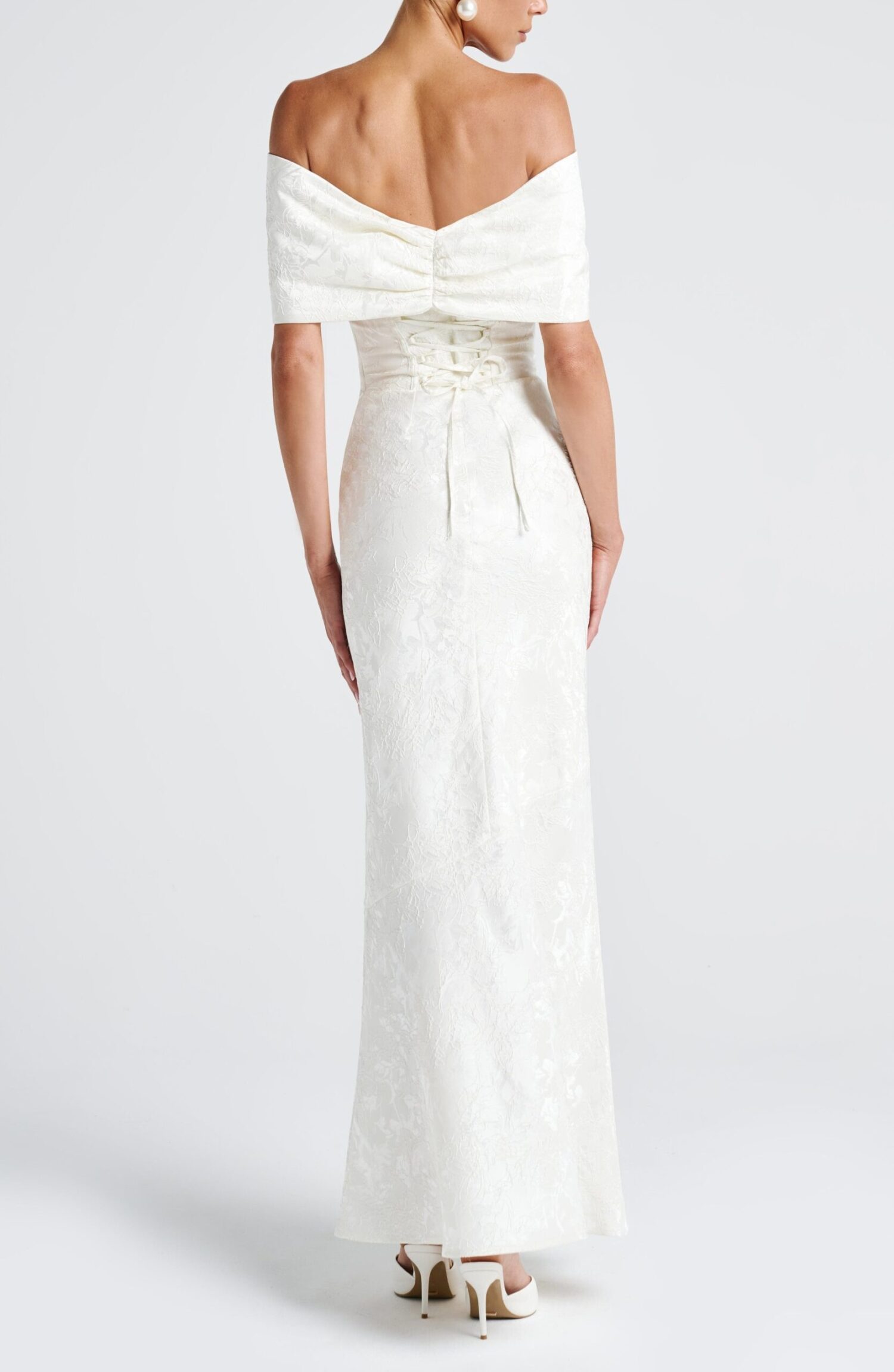 Emberly Maxi Dress Ivory Bardot Bow Lace Up Floral Jacquard Gown - Image 6