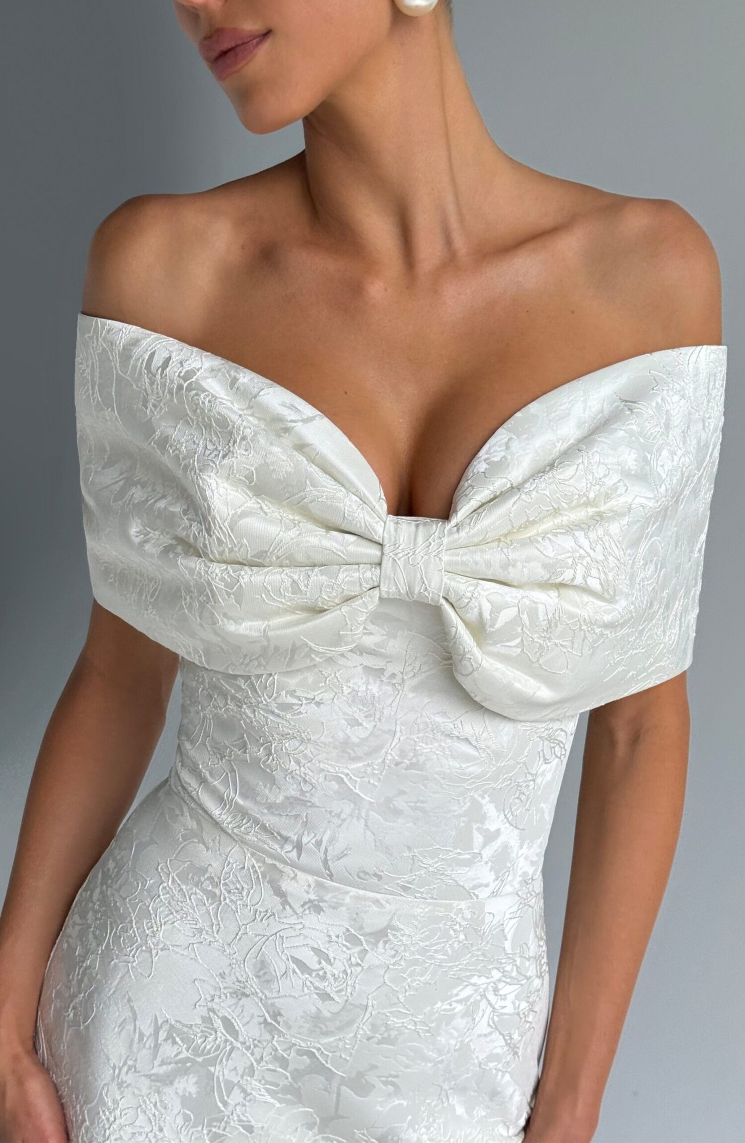 Emberly Maxi Dress Ivory Bardot Bow Lace Up Floral Jacquard Gown - Image 4