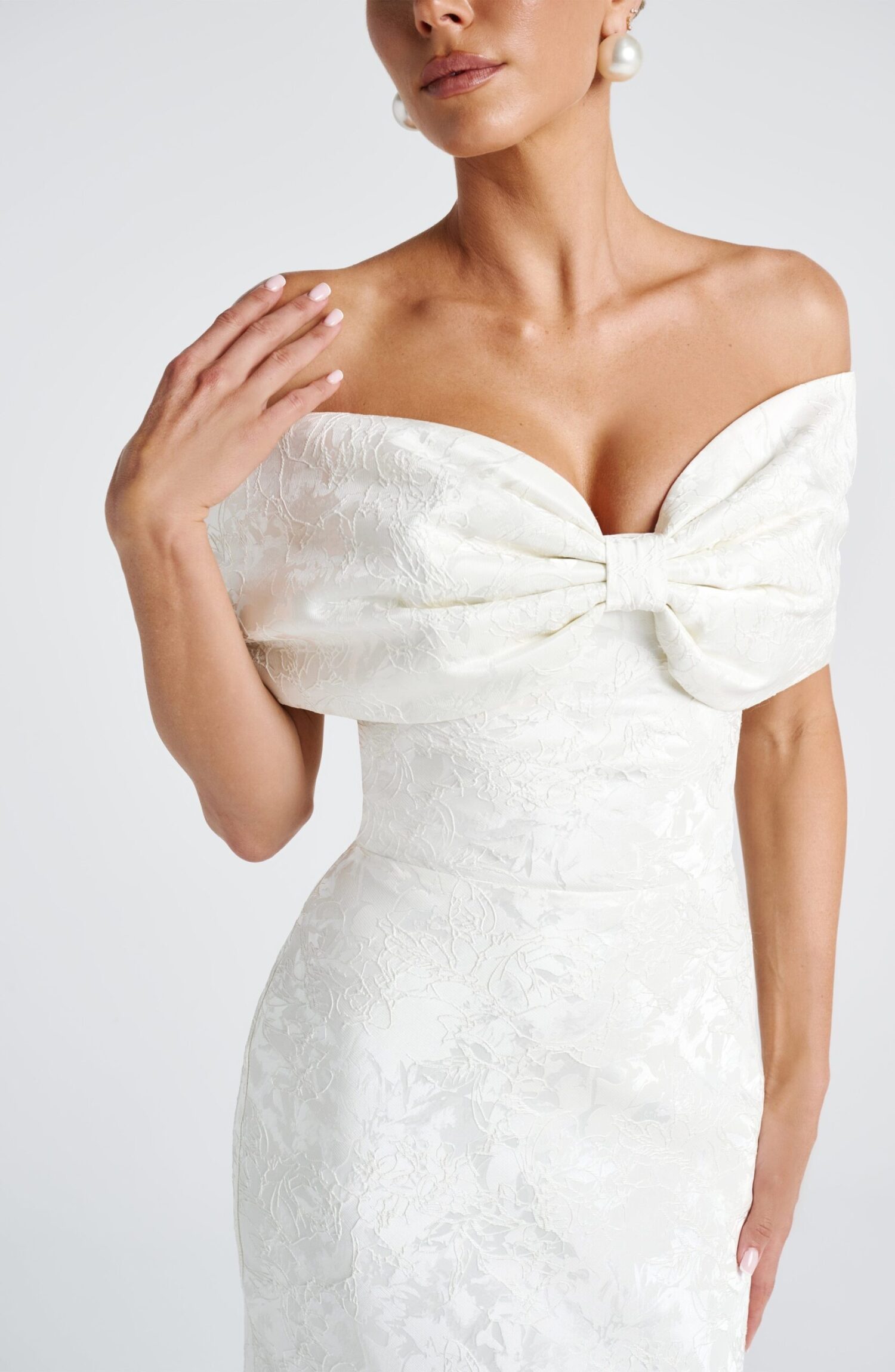 Emberly Maxi Dress Ivory Bardot Bow Lace Up Floral Jacquard Gown - Image 8