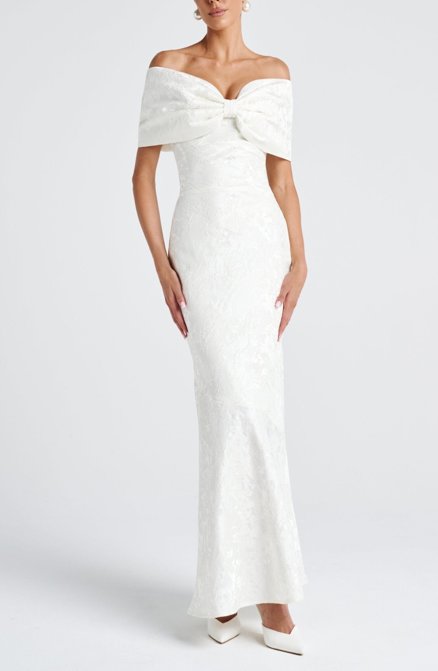 Emberly Maxi Dress Ivory Bardot Bow Lace Up Floral Jacquard Gown - Image 9