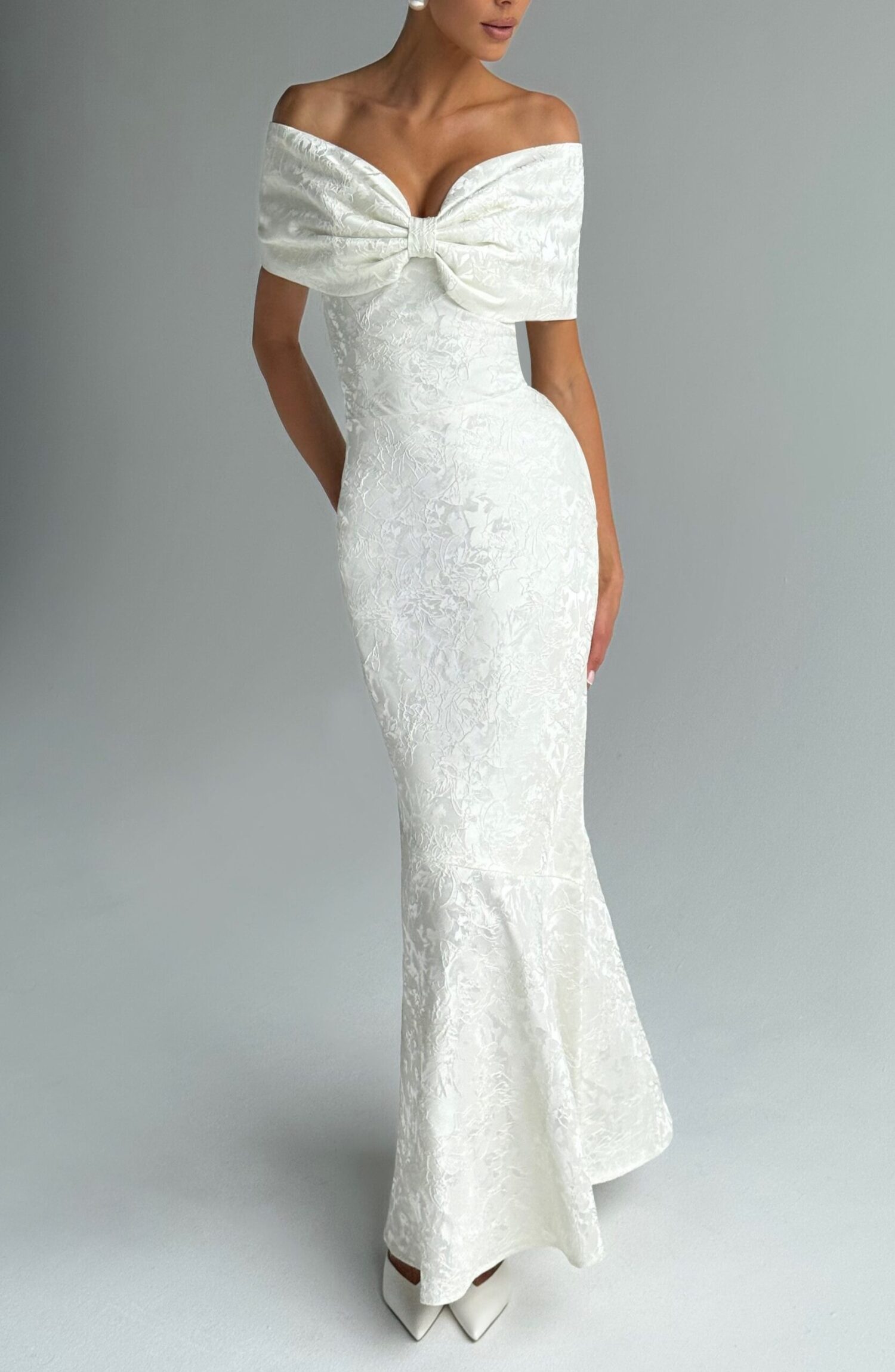 Emberly Maxi Dress Ivory Bardot Bow Lace Up Floral Jacquard Gown - Image 5