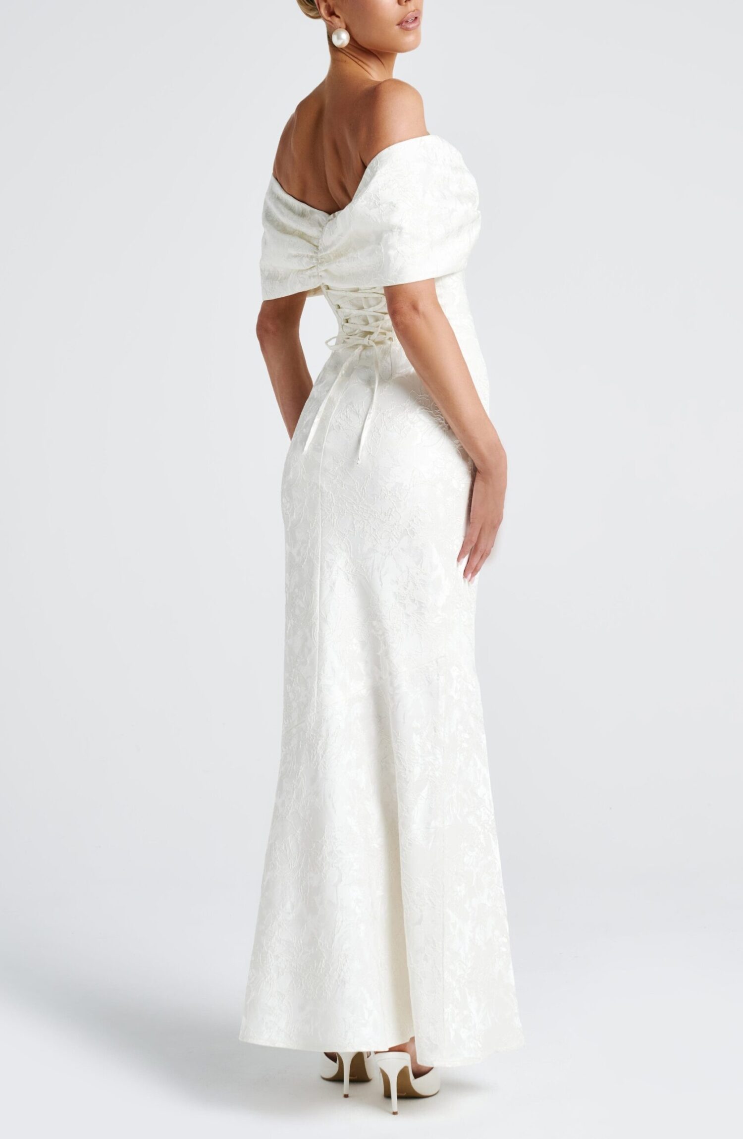 Emberly Maxi Dress Ivory Bardot Bow Lace Up Floral Jacquard Gown - Image 7