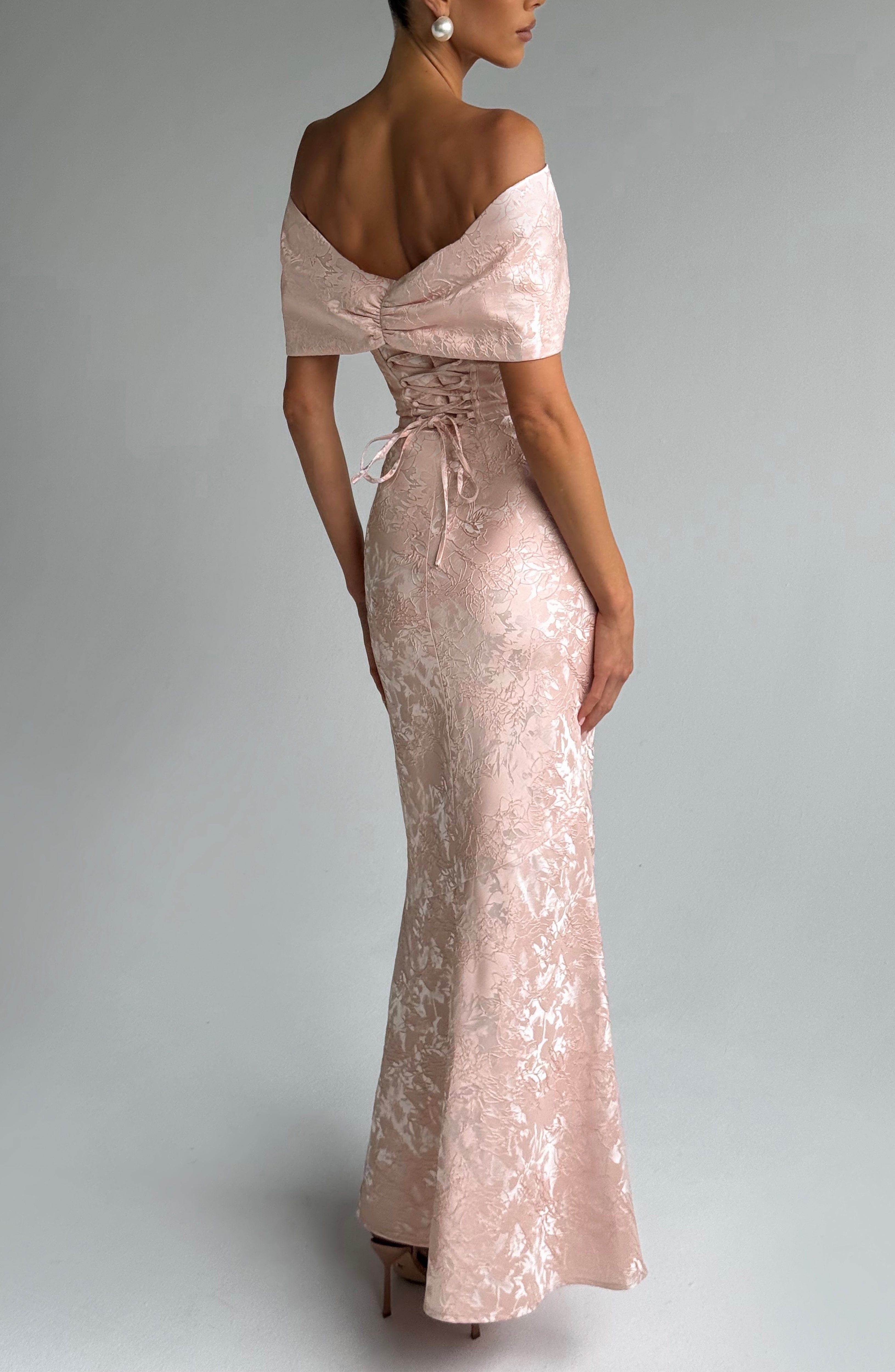 Emberly Maxi Dress Soft Peach Bardot Bow Lace Up Floral Jacquard - Image 5