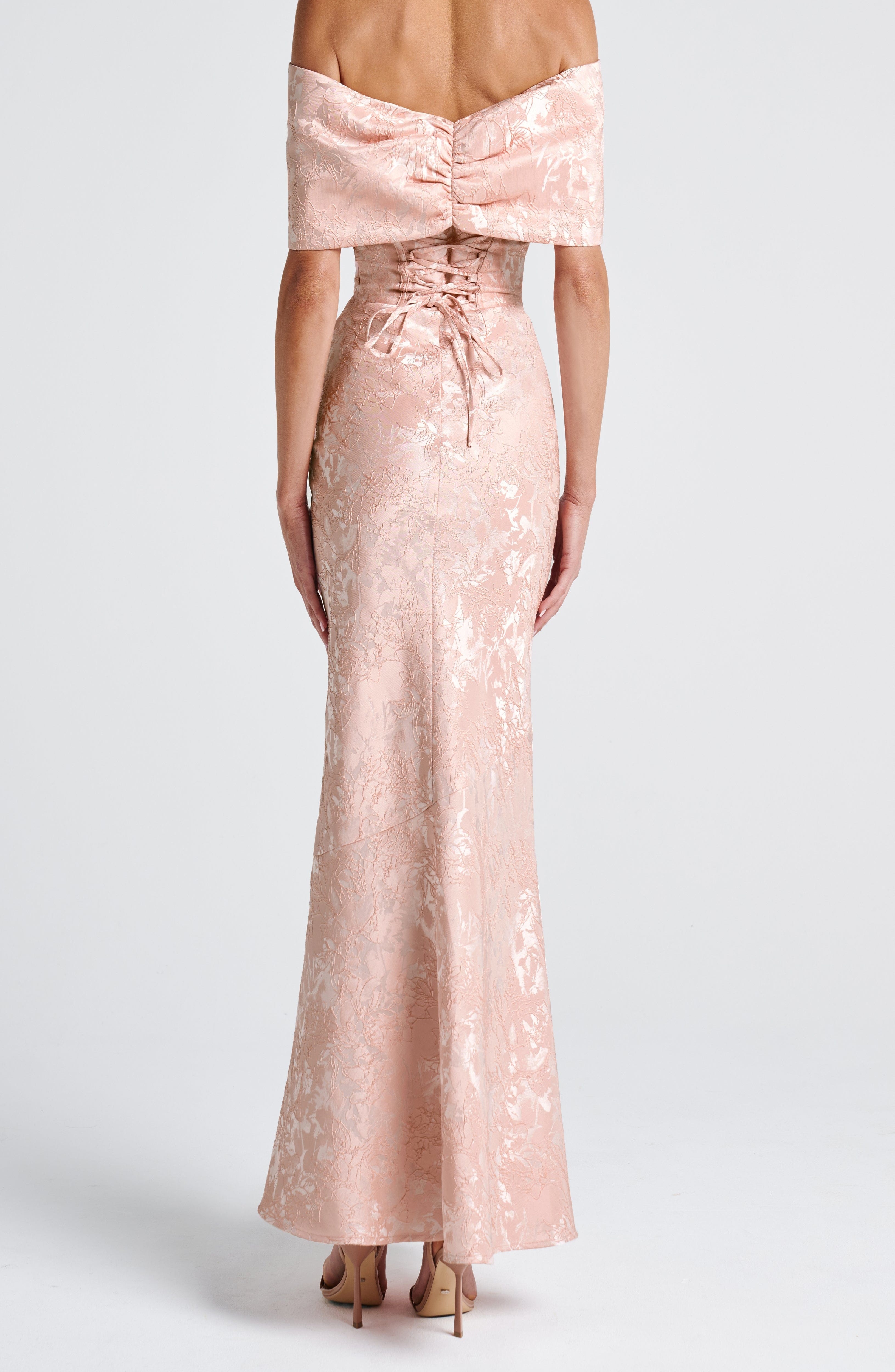 Emberly Maxi Dress Soft Peach Bardot Bow Lace Up Floral Jacquard - Image 8