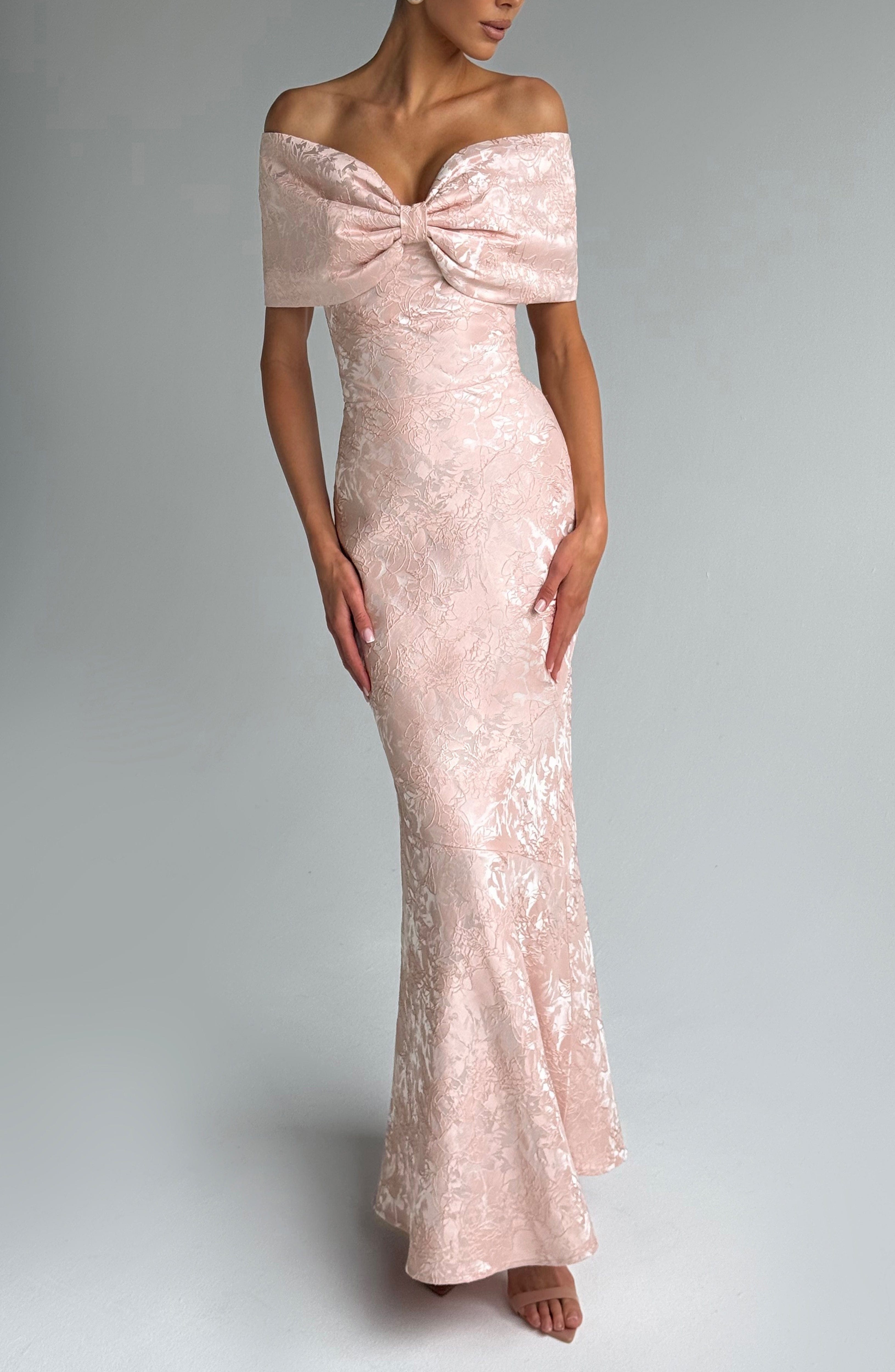 Emberly Maxi Dress Soft Peach Bardot Bow Lace Up Floral Jacquard - Image 4