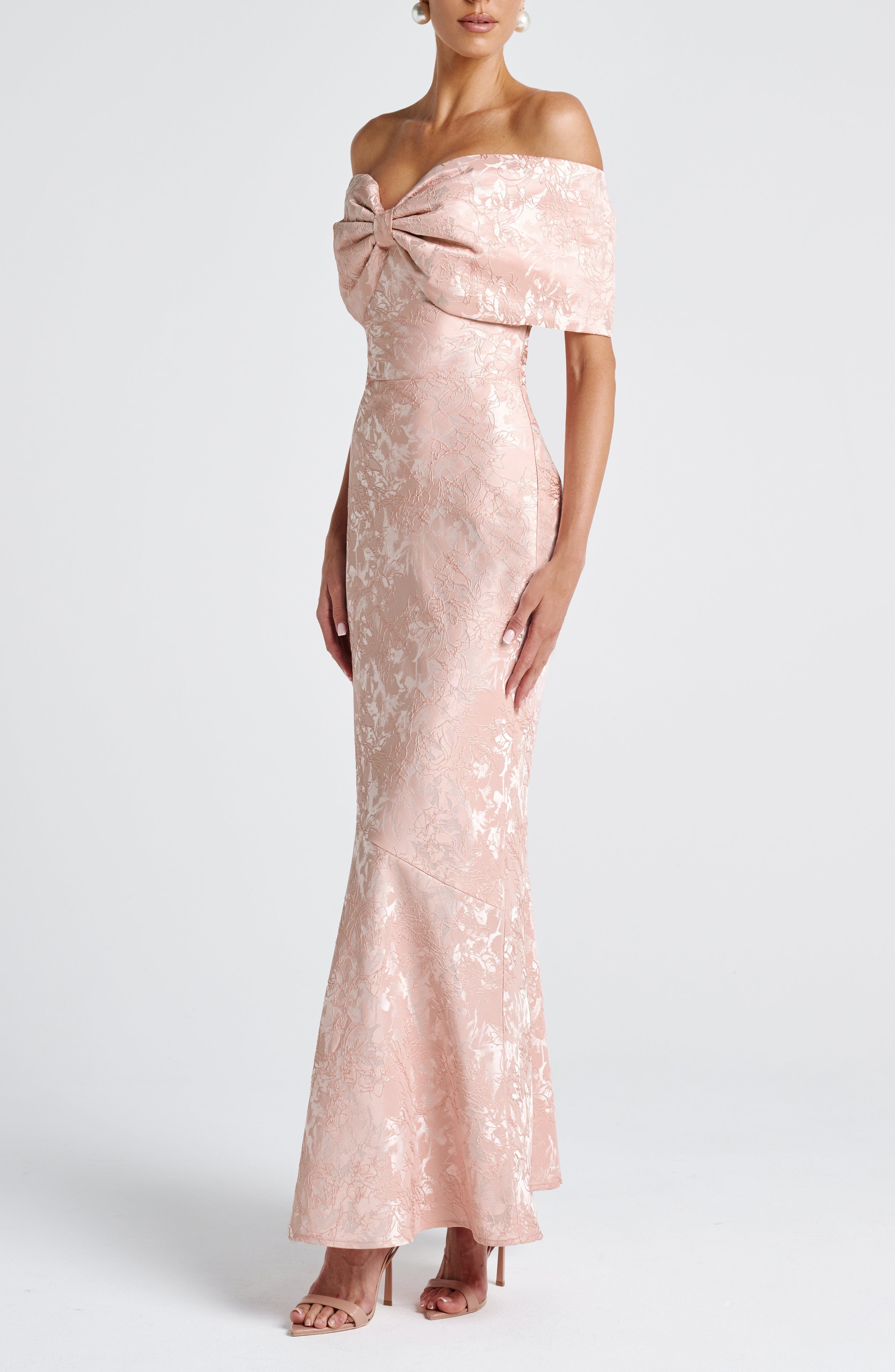 Emberly Maxi Dress Soft Peach Bardot Bow Lace Up Floral Jacquard - Image 7