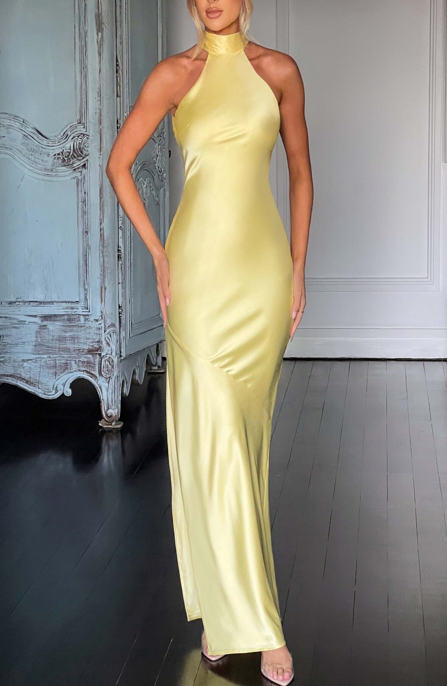 Etta Lemon Maxi Dress - Backless Bias Cut Satin Evening Gown - Image 4