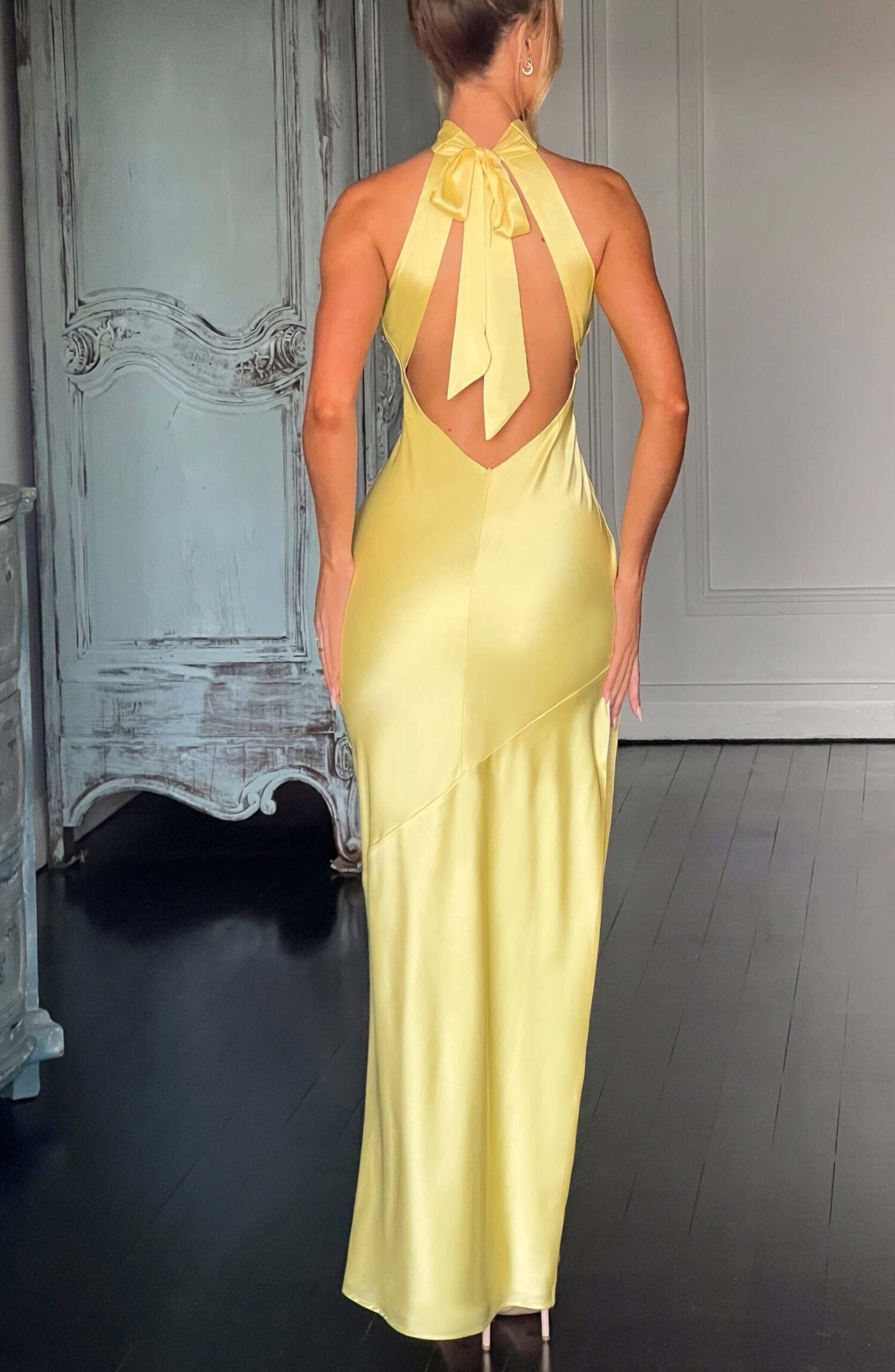 Etta Lemon Maxi Dress - Backless Bias Cut Satin Evening Gown