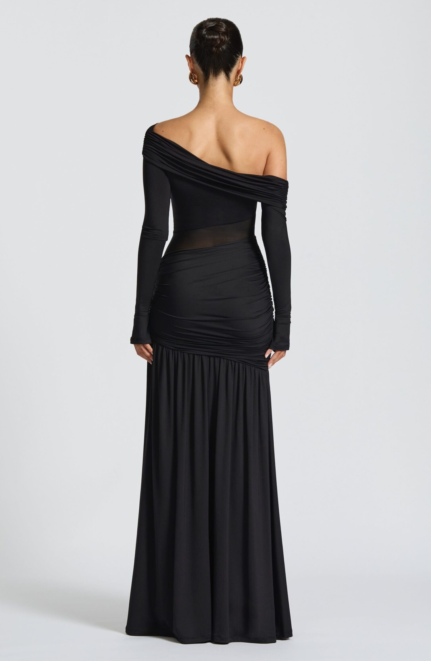 Ettalie Black Slinky Maxi Dress with Sheer Panel & Flared Cuffs - Image 4