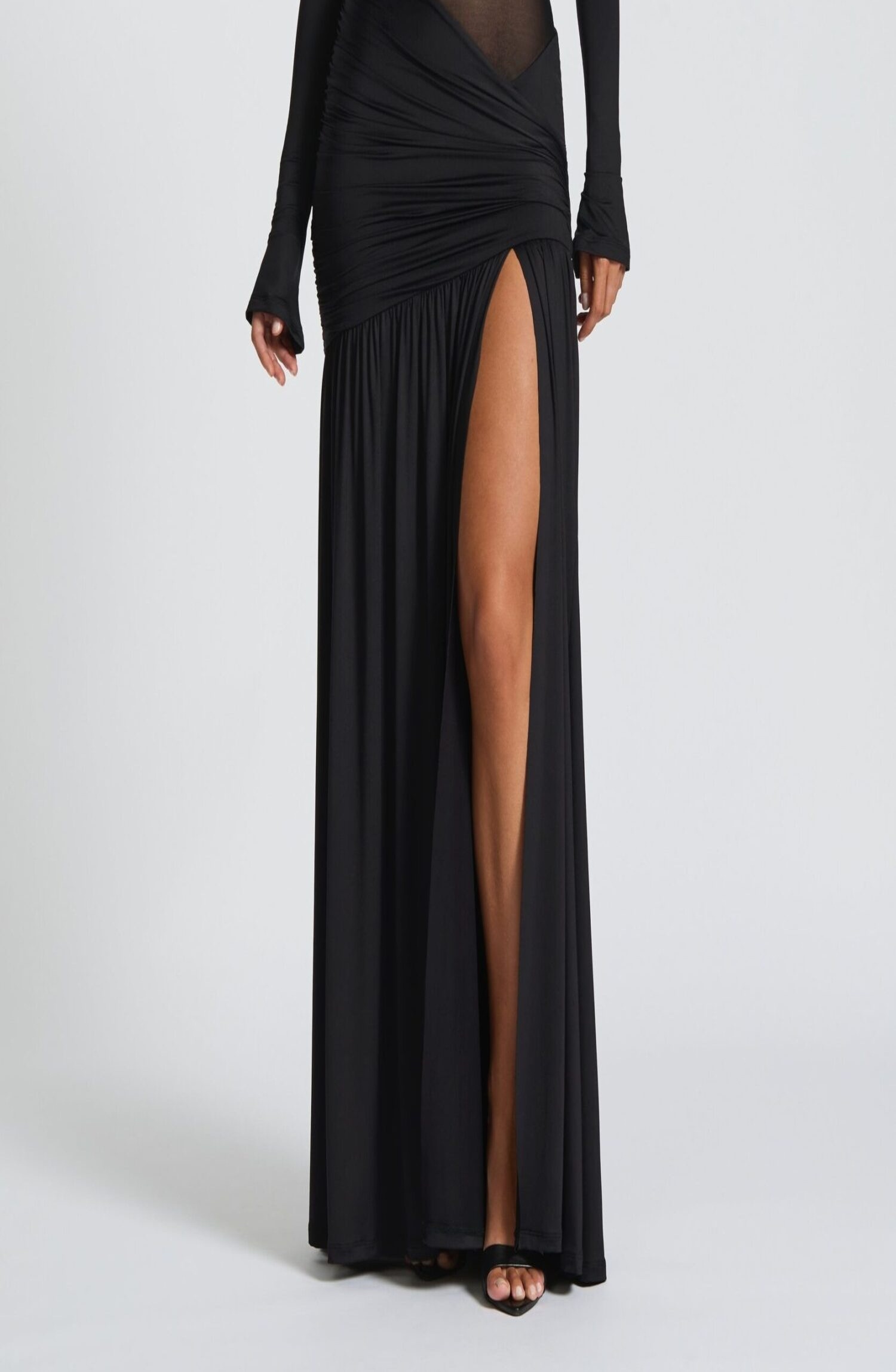 Ettalie Black Slinky Maxi Dress with Sheer Panel & Flared Cuffs
