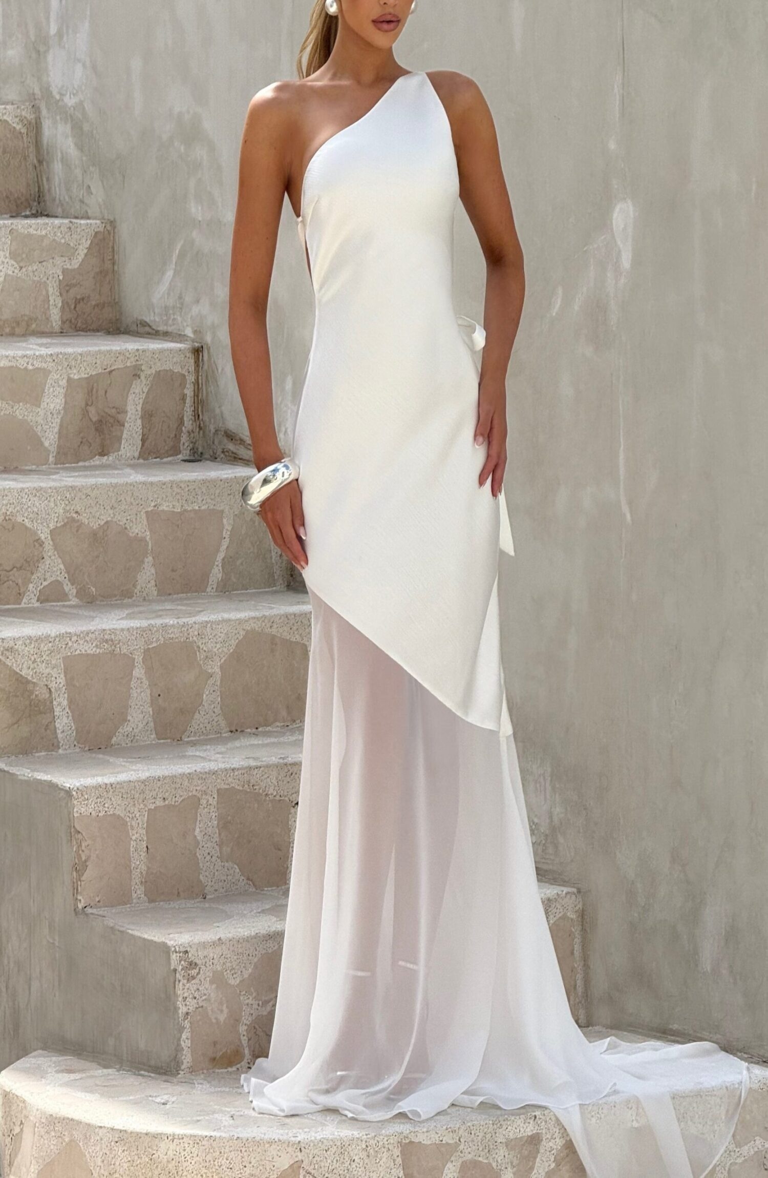 Fable Gown Ivory Maxi Asymmetric Neckline Fishtail Train Evening Dress - Image 8