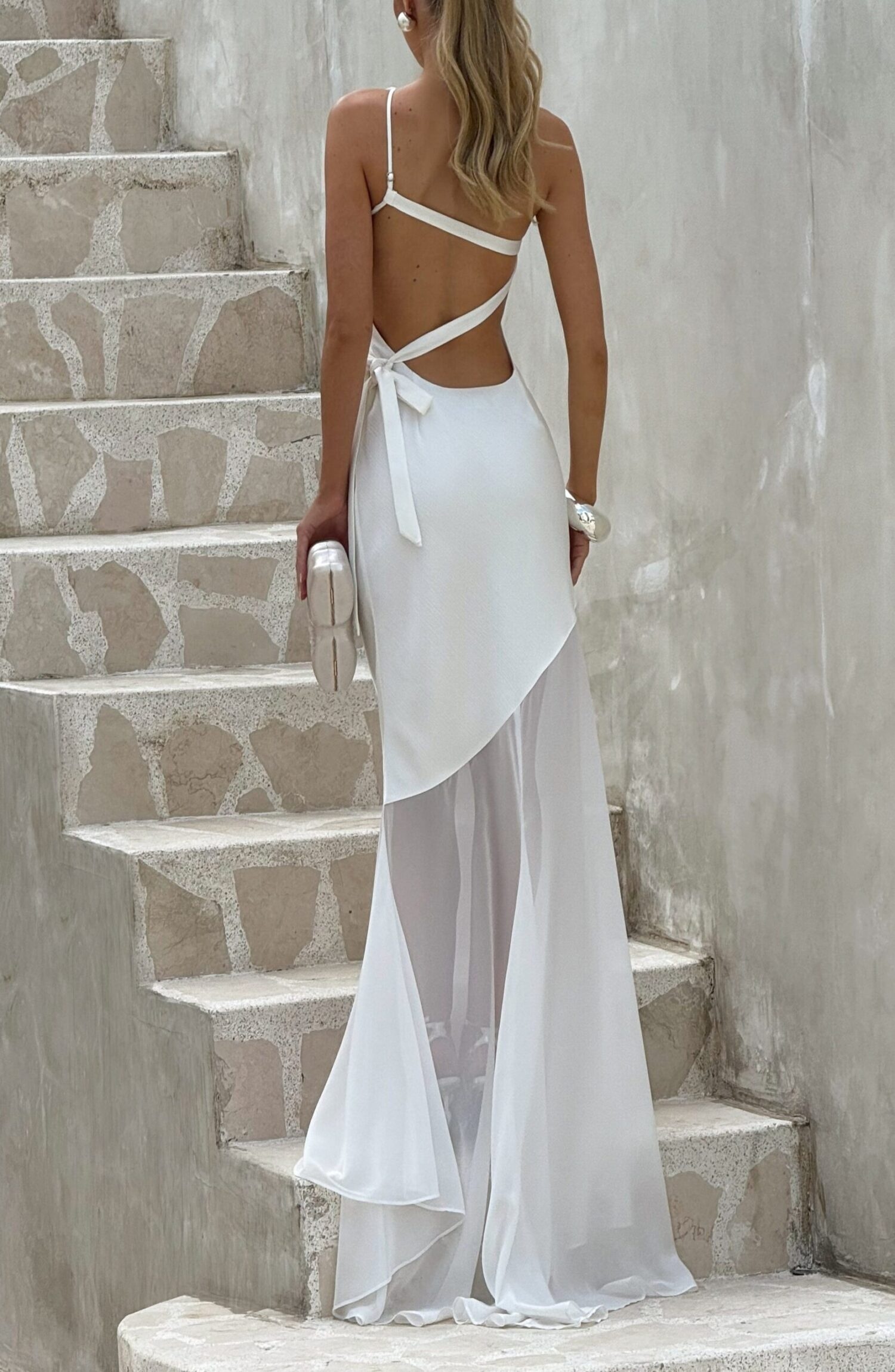Fable Gown Ivory Maxi Asymmetric Neckline Fishtail Train Evening Dress - Image 7