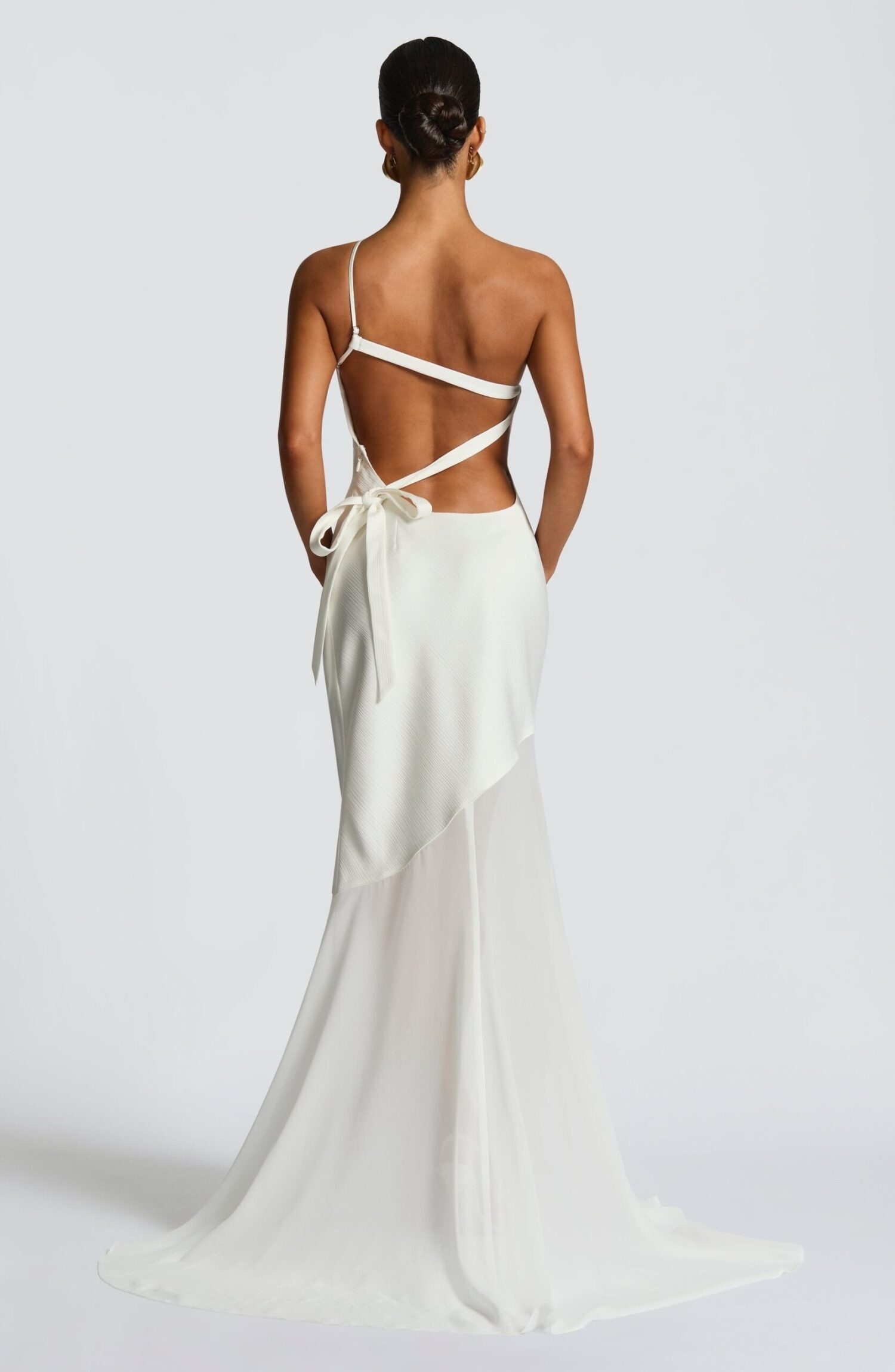 Fable Gown Ivory Maxi Asymmetric Neckline Fishtail Train Evening Dress - Image 5