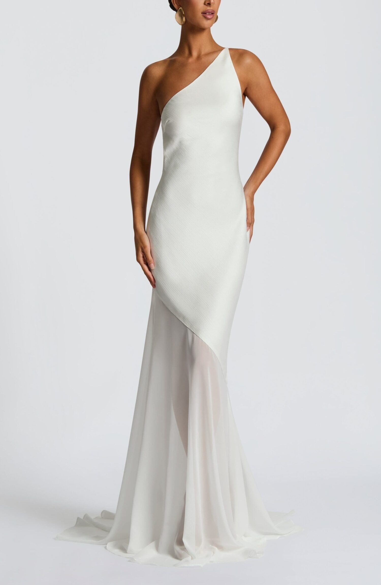 Fable Gown Ivory Maxi Asymmetric Neckline Fishtail Train Evening Dress - Image 10