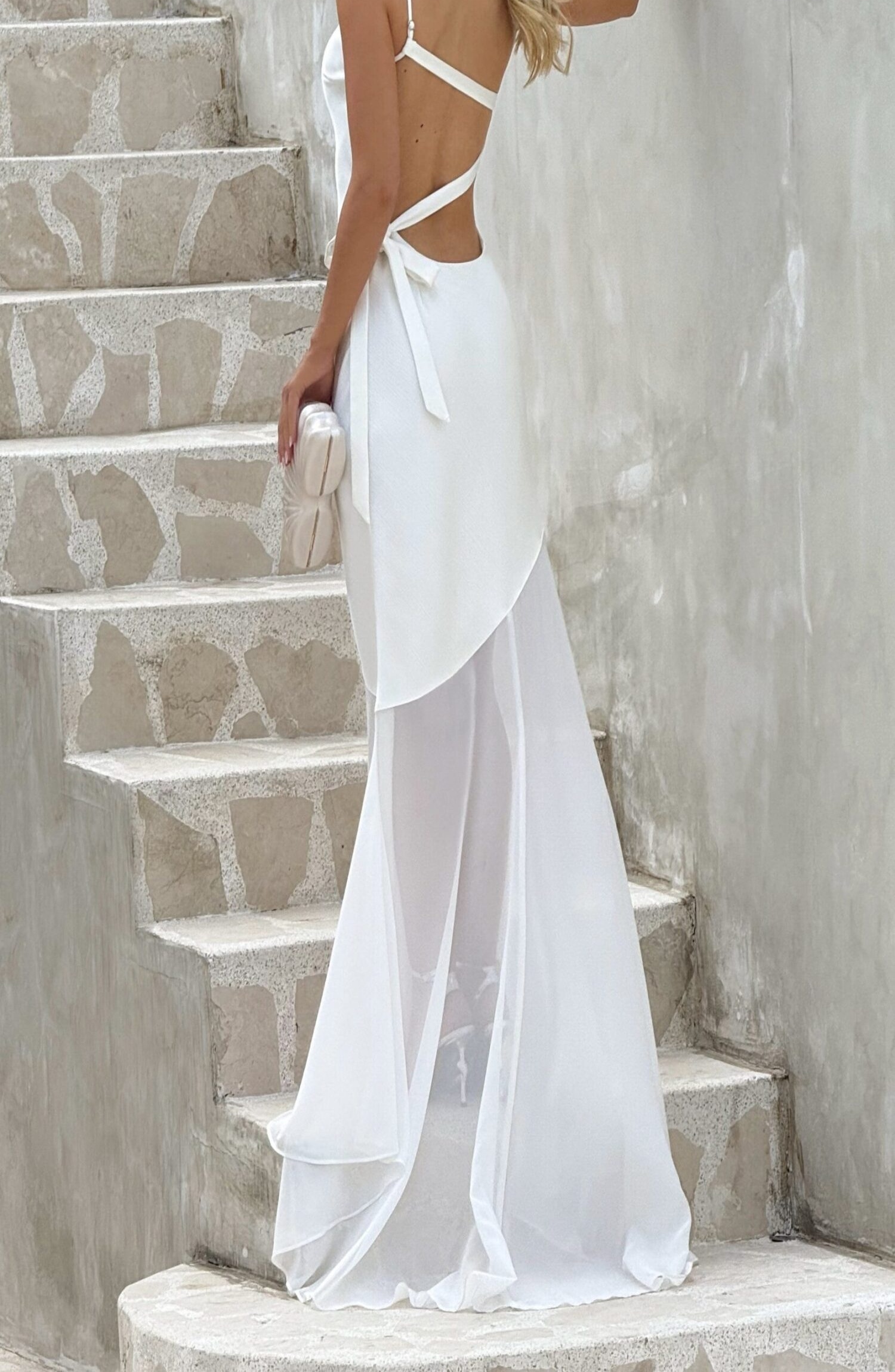 Fable Gown Ivory Maxi Asymmetric Neckline Fishtail Train Evening Dress - Image 2