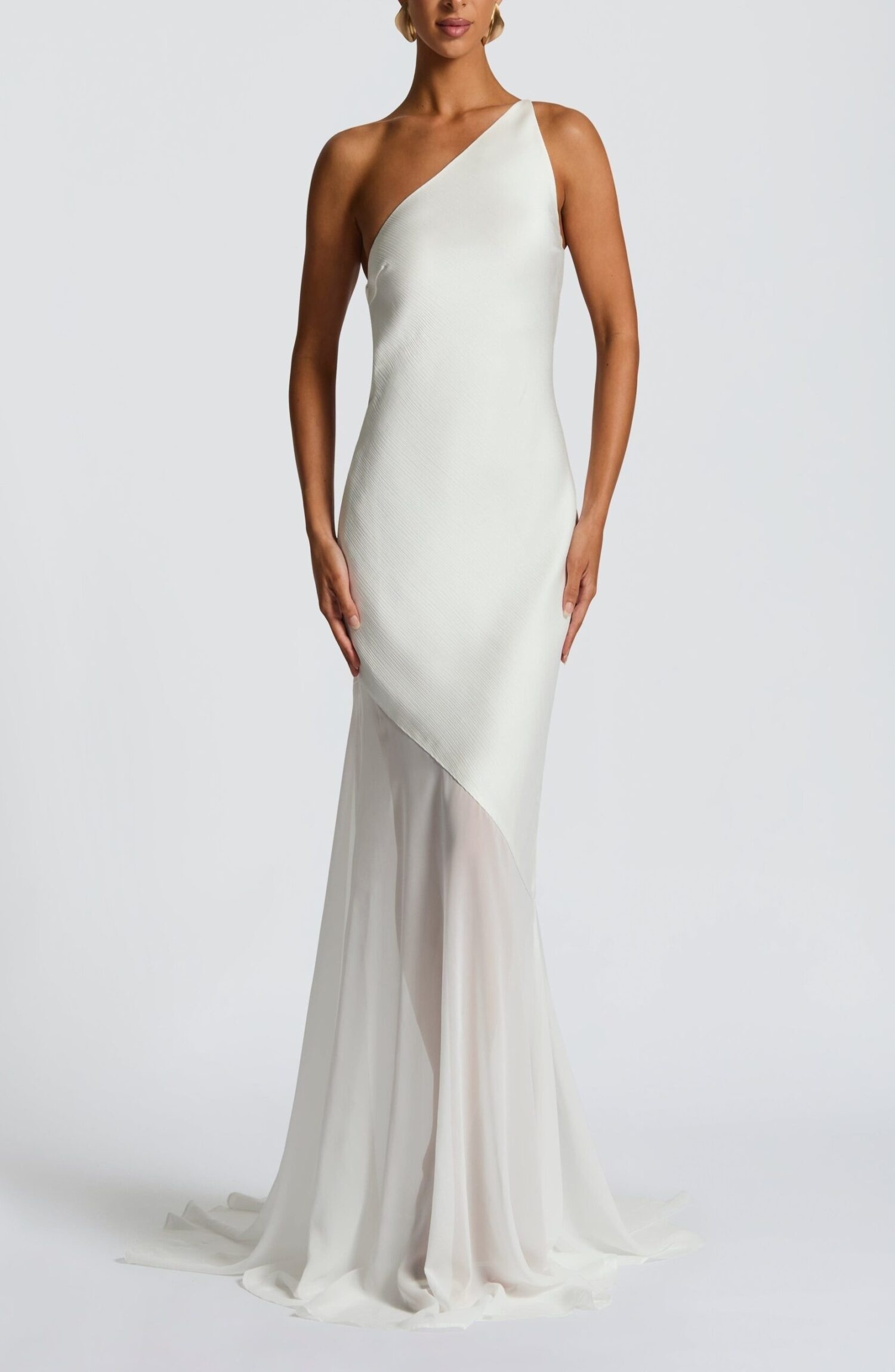 Fable Gown Ivory Maxi Asymmetric Neckline Fishtail Train Evening Dress - Image 11