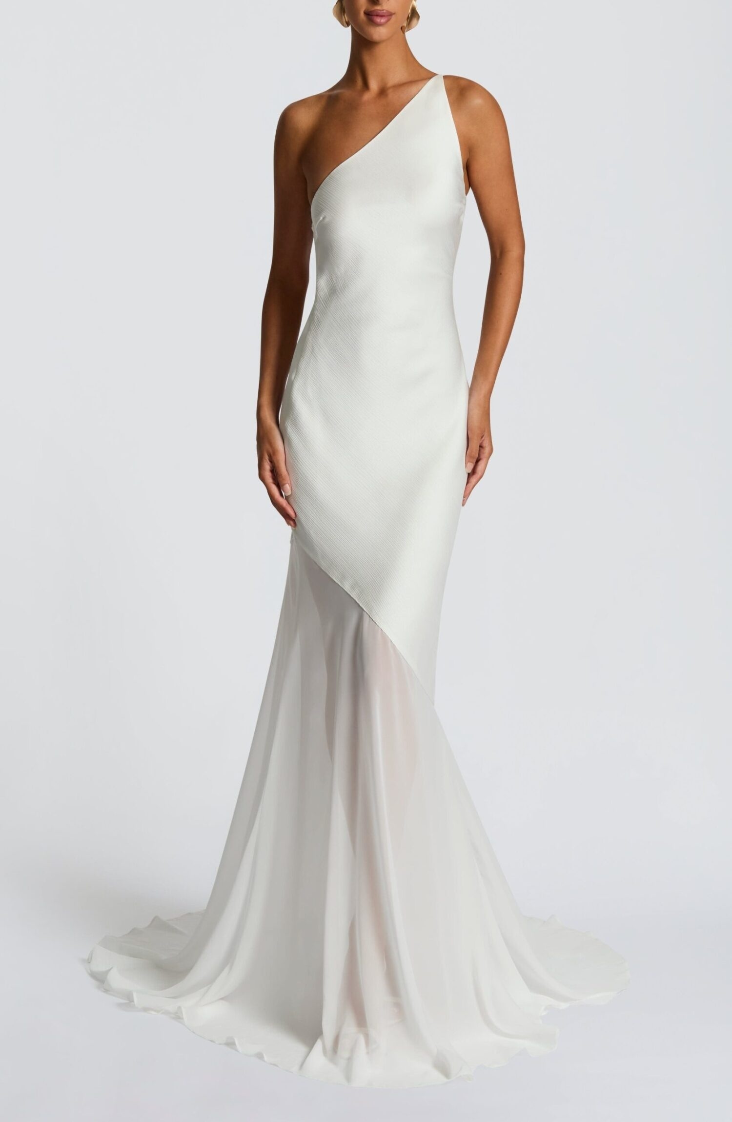 Fable Gown Ivory Maxi Asymmetric Neckline Fishtail Train Evening Dress - Image 4
