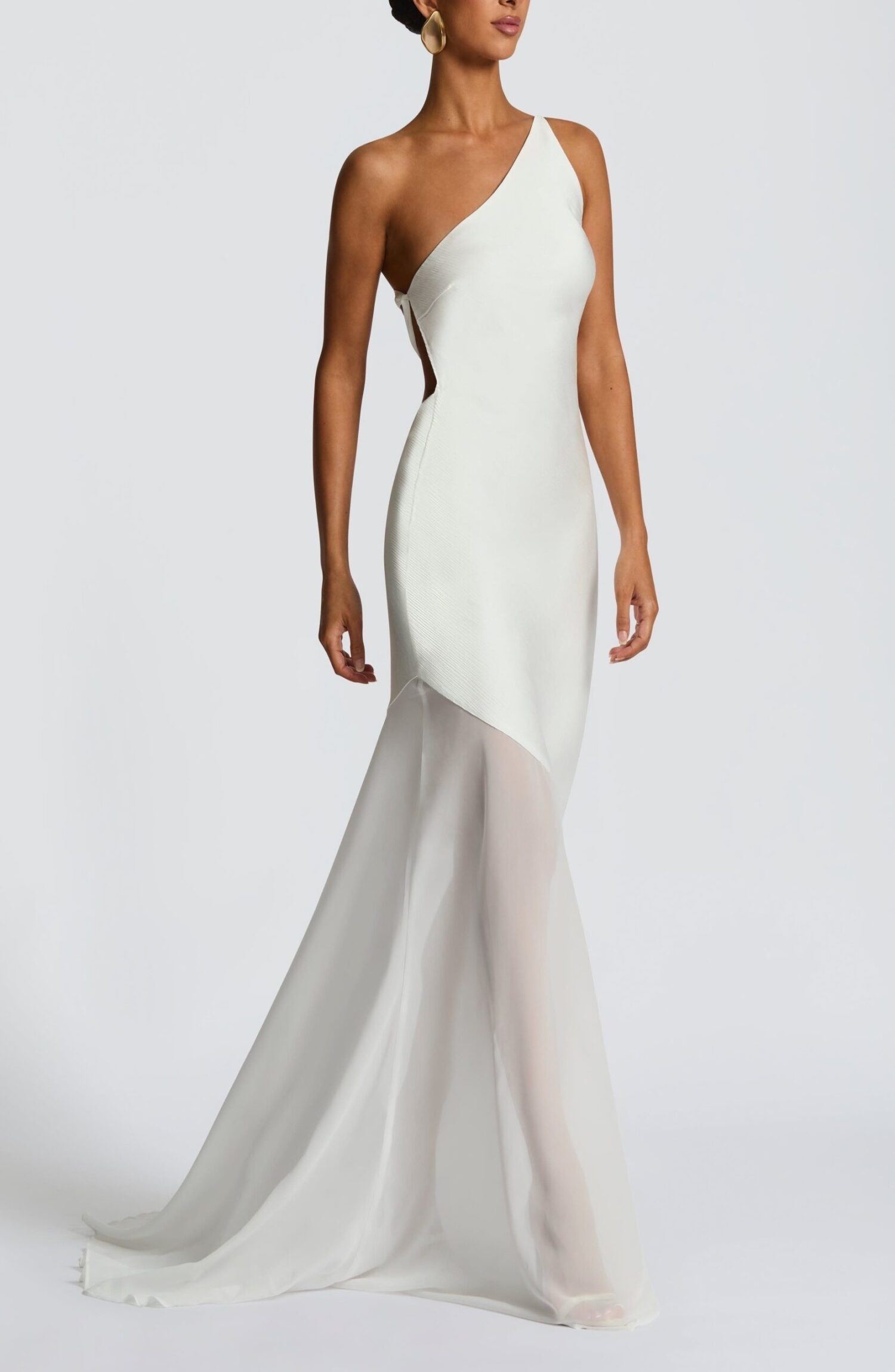 Fable Gown Ivory Maxi Asymmetric Neckline Fishtail Train Evening Dress - Image 3