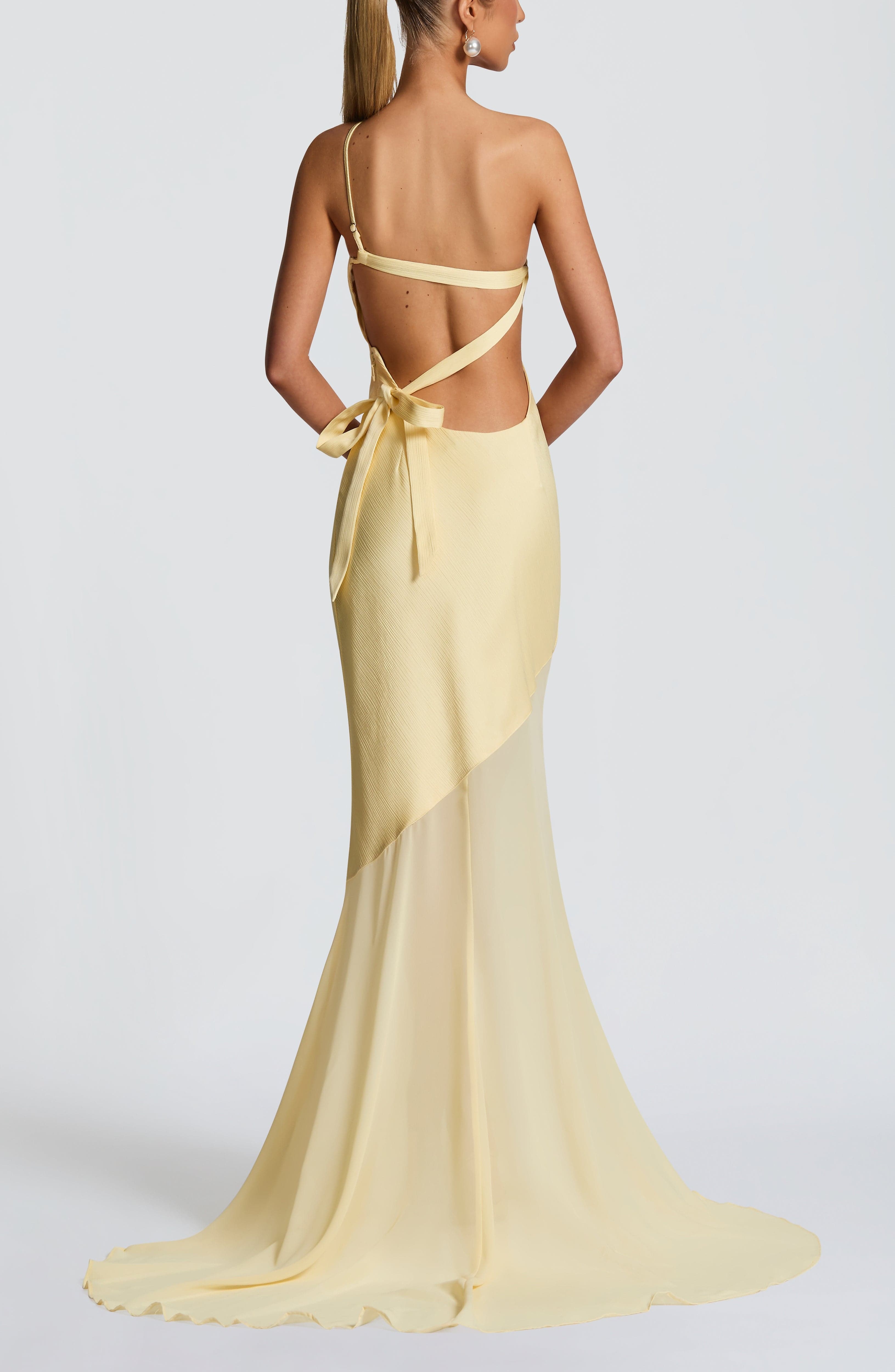 Fable Gown Lemon One Shoulder Maxi Fishtail Satin Evening Dress - Image 5
