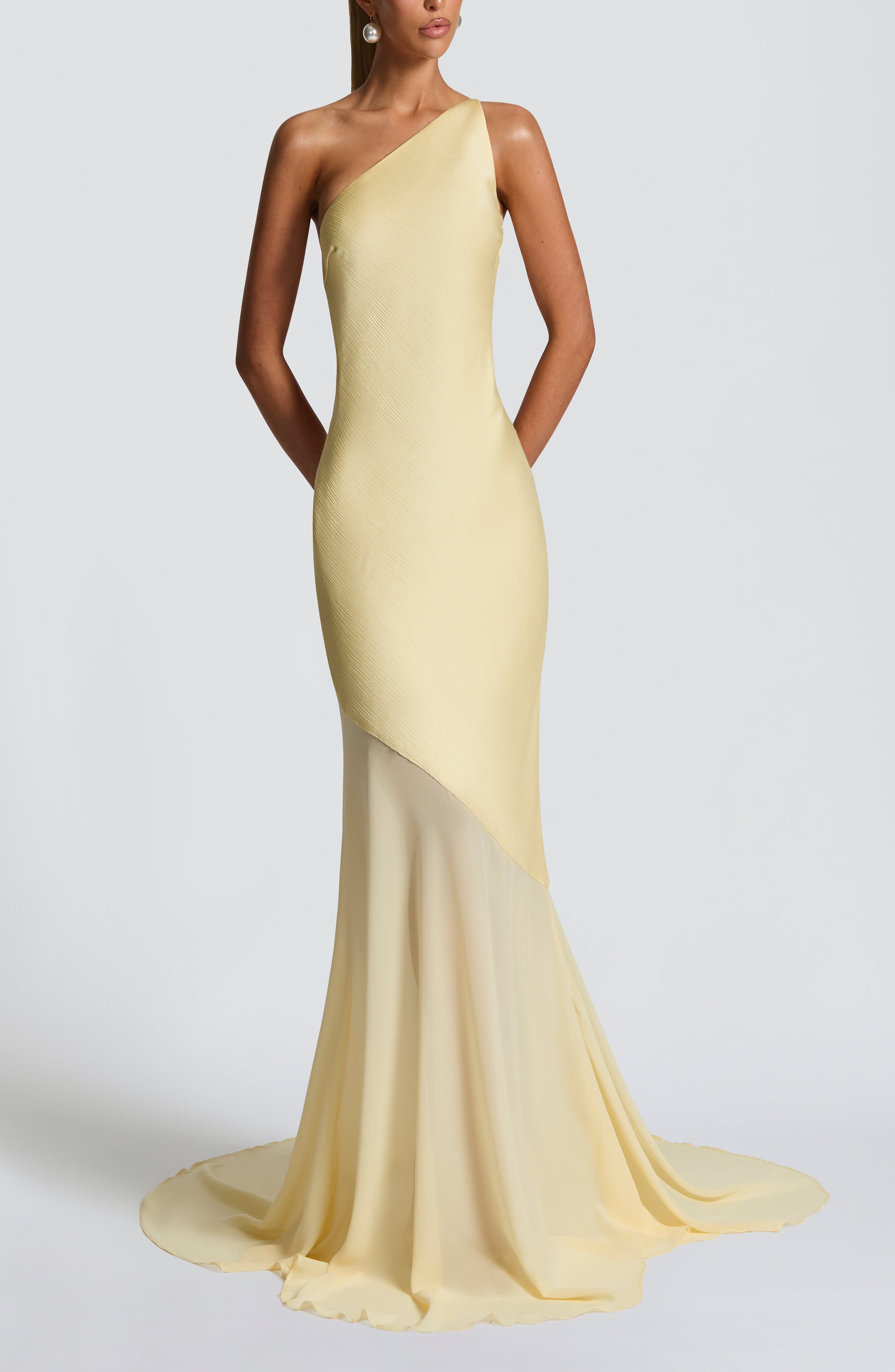 Fable Gown Lemon One Shoulder Maxi Fishtail Satin Evening Dress - Image 4