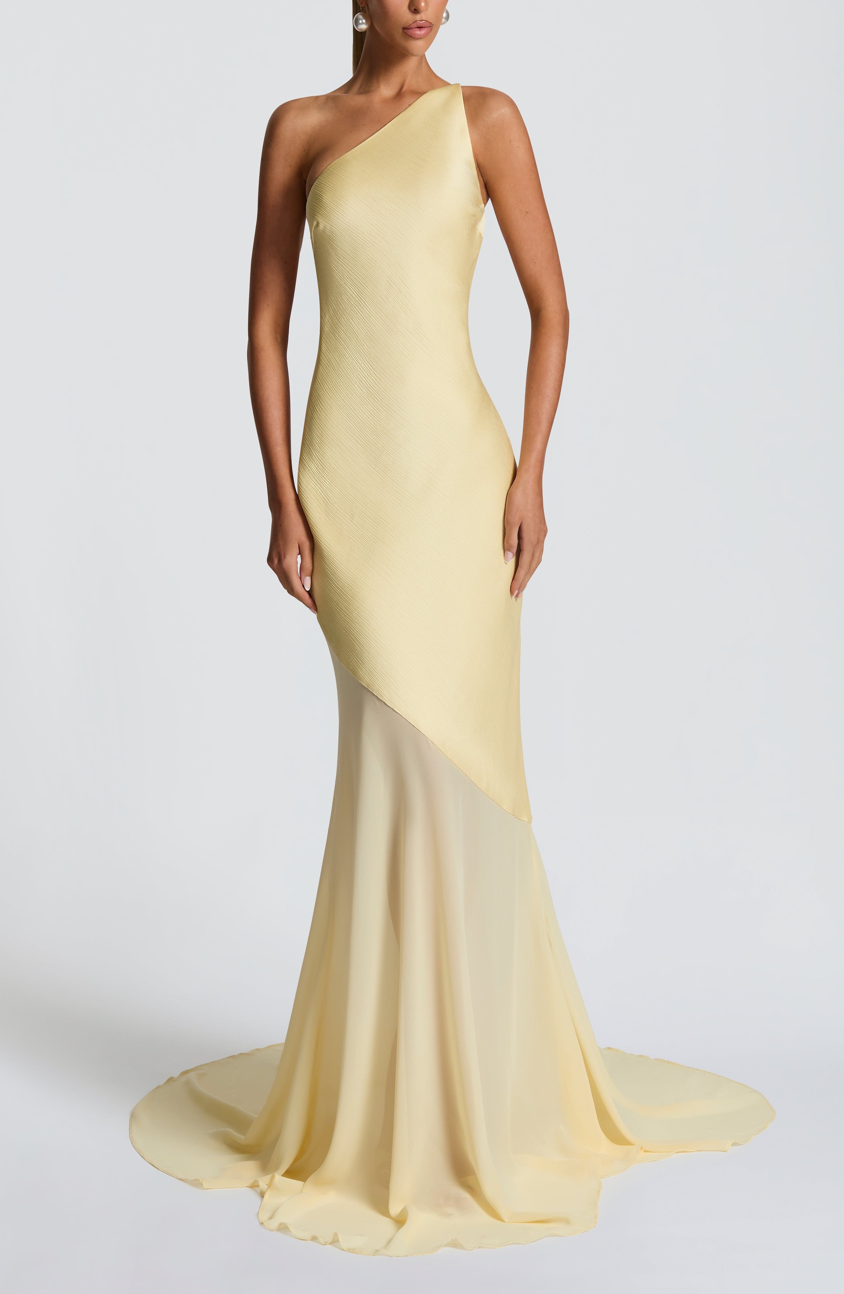 Fable Gown Lemon One Shoulder Maxi Fishtail Satin Evening Dress - Image 13