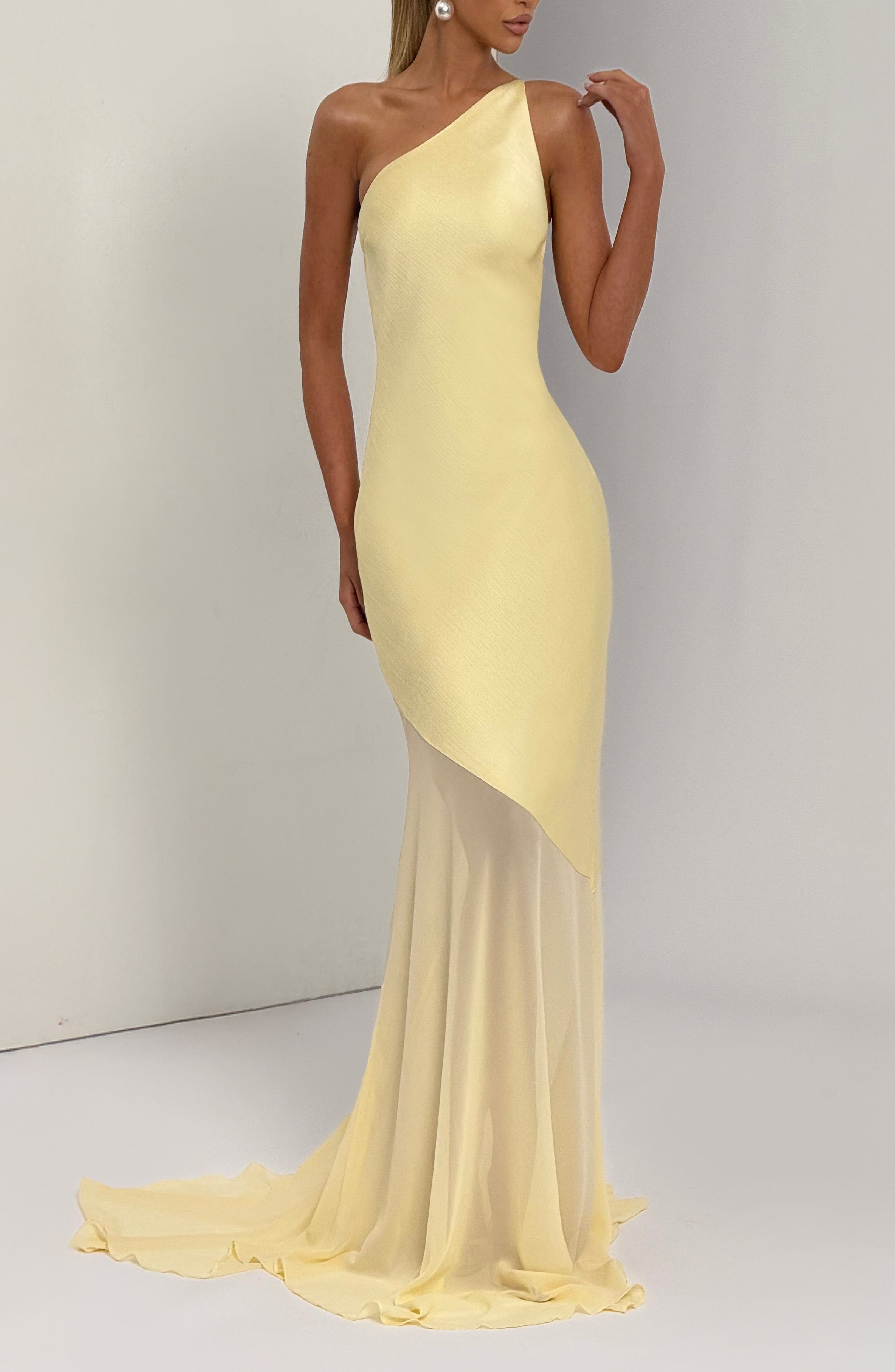 Fable Gown Lemon One Shoulder Maxi Fishtail Satin Evening Dress - Image 11