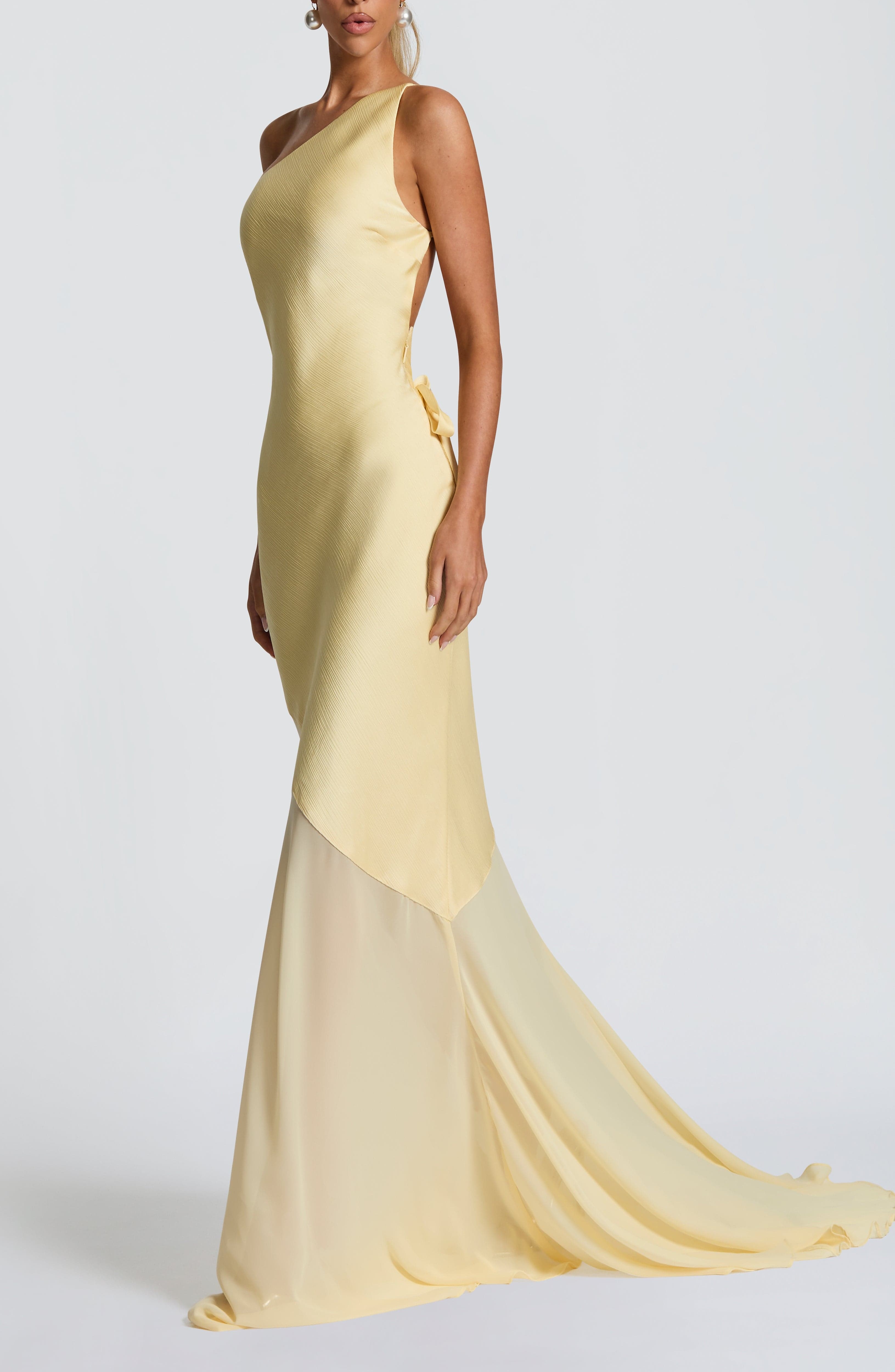 Fable Gown Lemon One Shoulder Maxi Fishtail Satin Evening Dress - Image 9