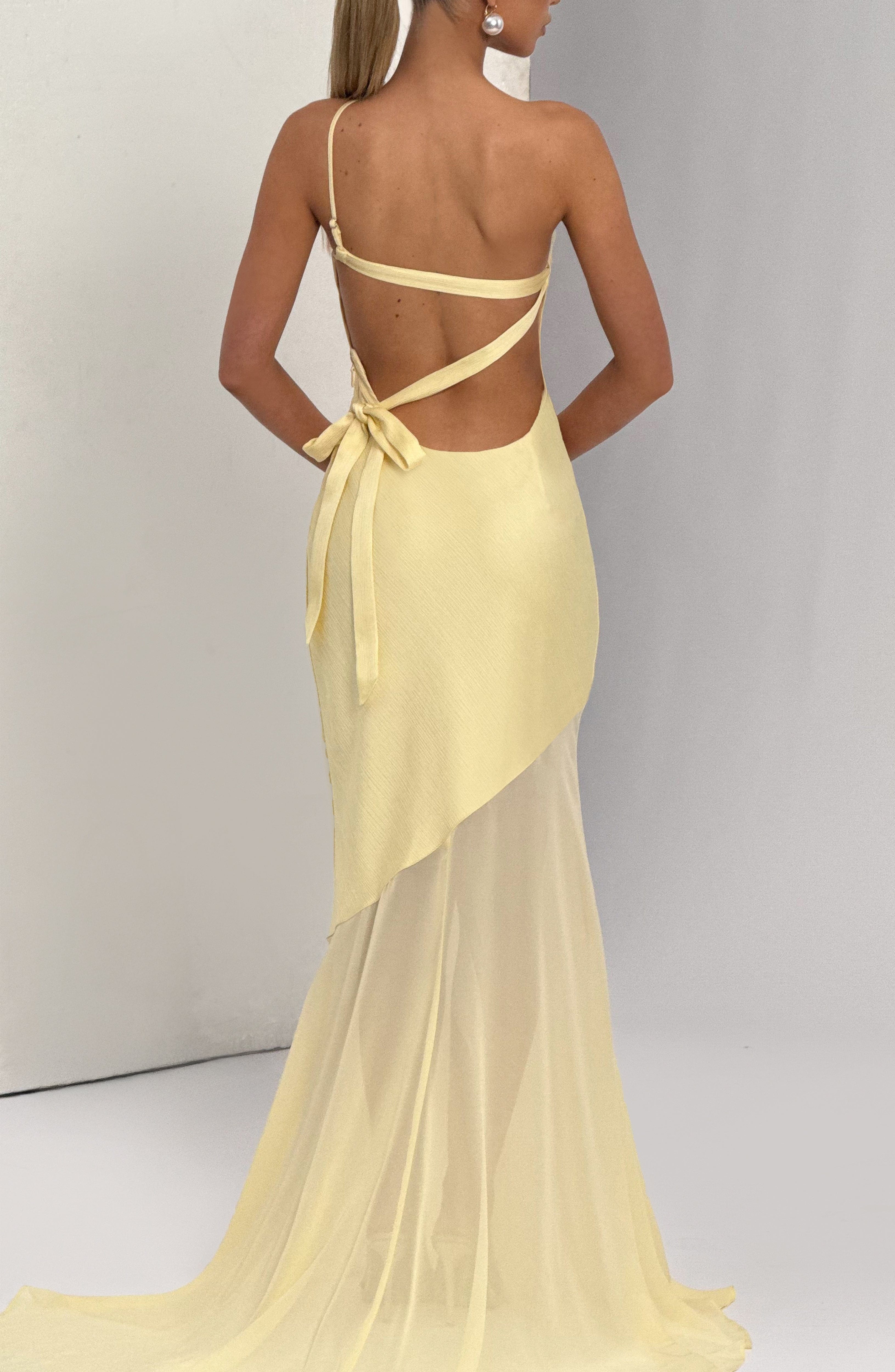 Fable Gown Lemon One Shoulder Maxi Fishtail Satin Evening Dress - Image 12