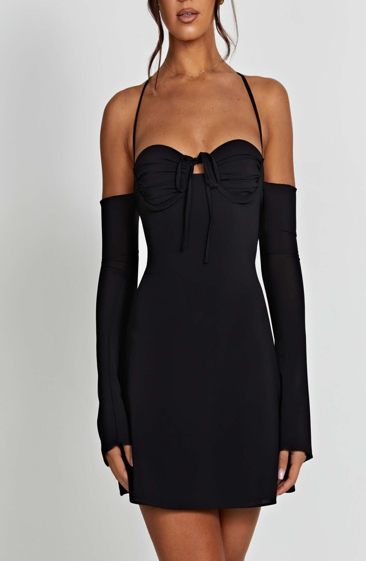 Fiona Black Chiffon Off-Shoulder Mini Dress with Plunging Back - Image 9