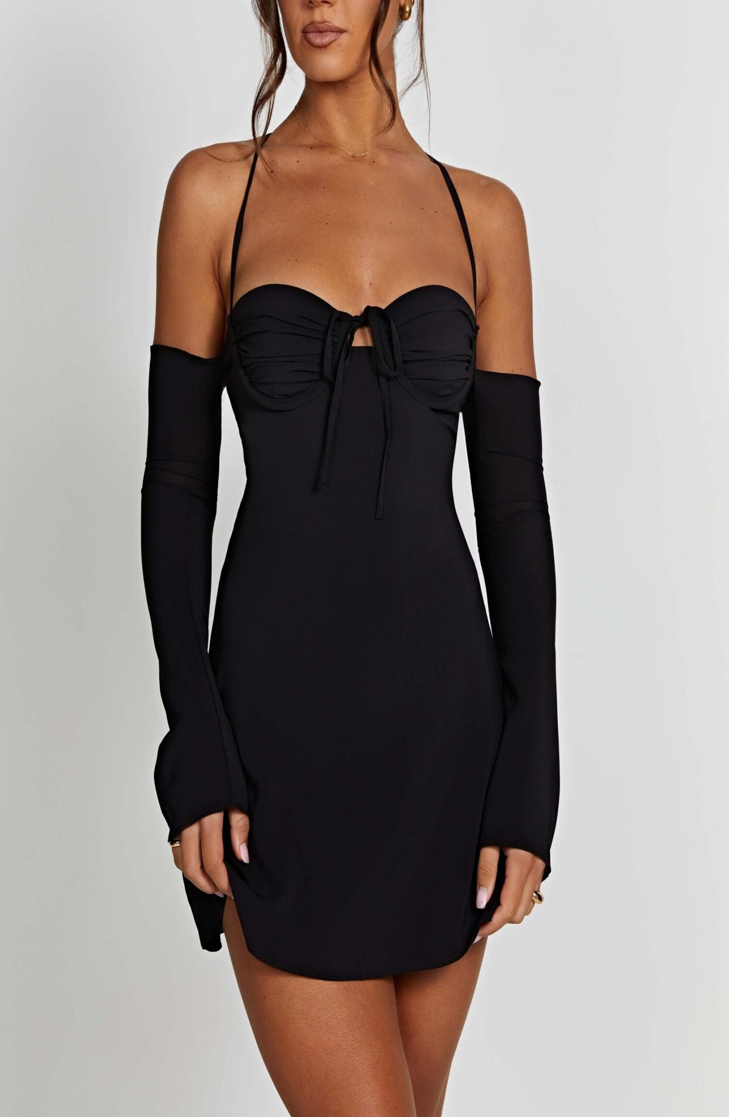 Fiona Black Chiffon Off-Shoulder Mini Dress with Plunging Back - Image 12