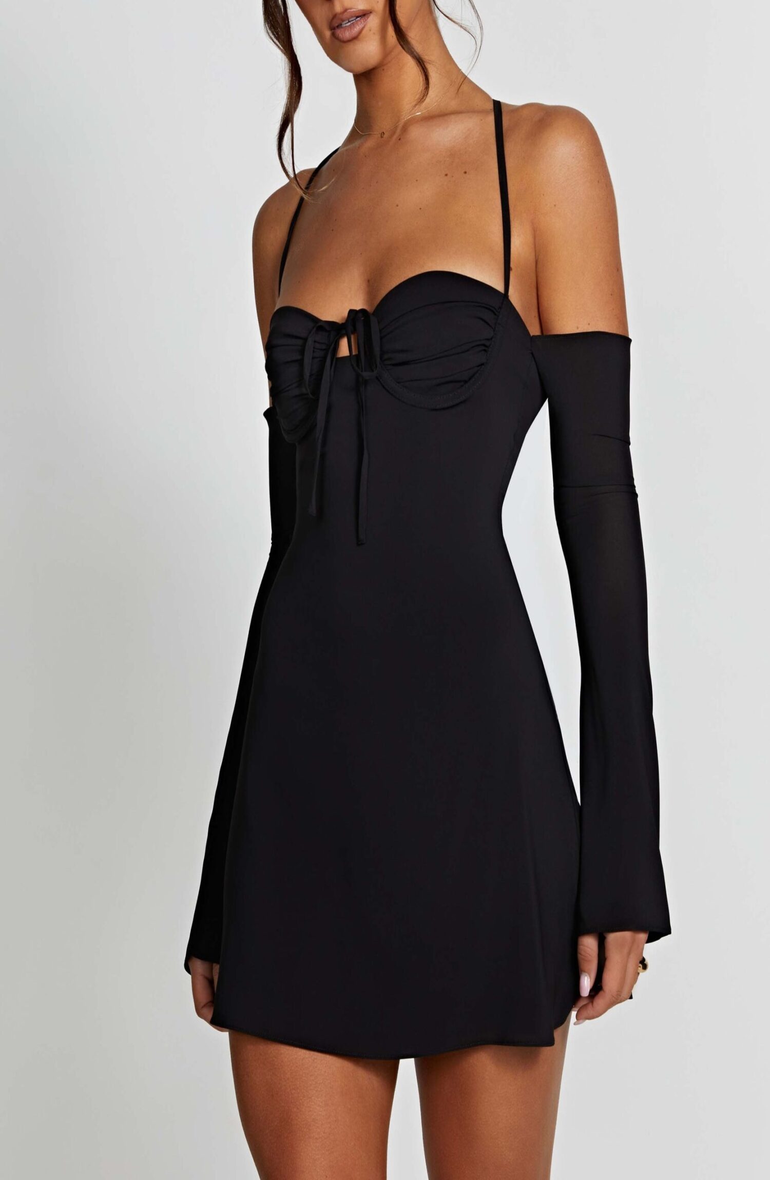 Fiona Black Chiffon Off-Shoulder Mini Dress with Plunging Back - Image 8