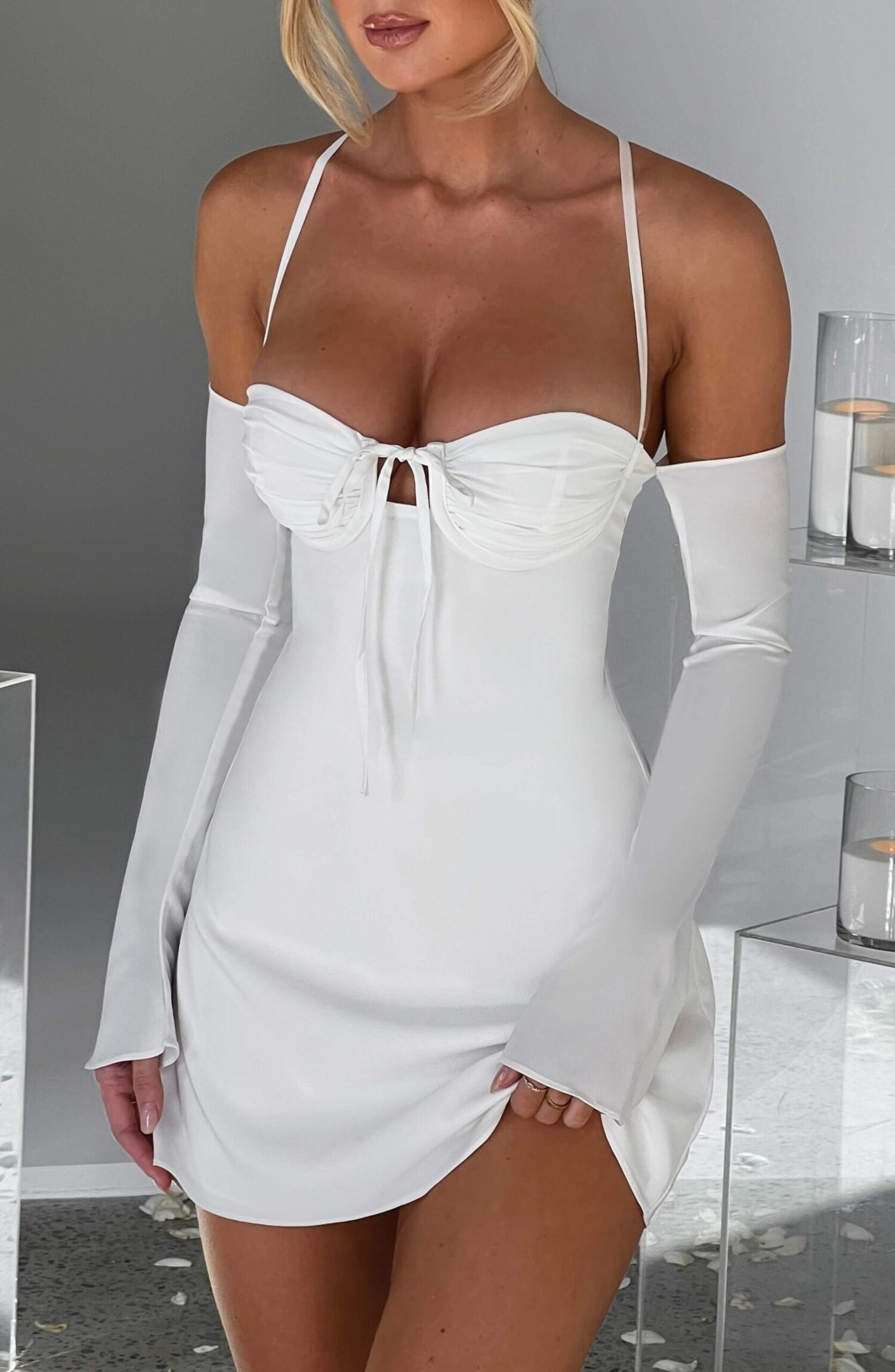Fiona Ivory Chiffon Off-Shoulder Mini Dress with Plunging Back - Image 13