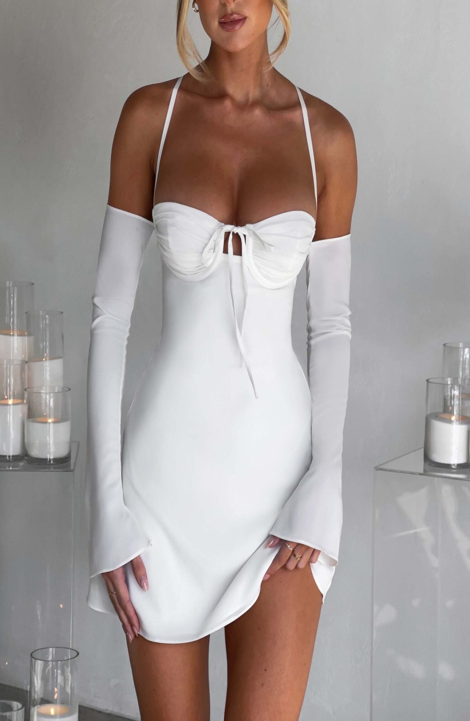 Fiona Ivory Chiffon Off-Shoulder Mini Dress with Plunging Back