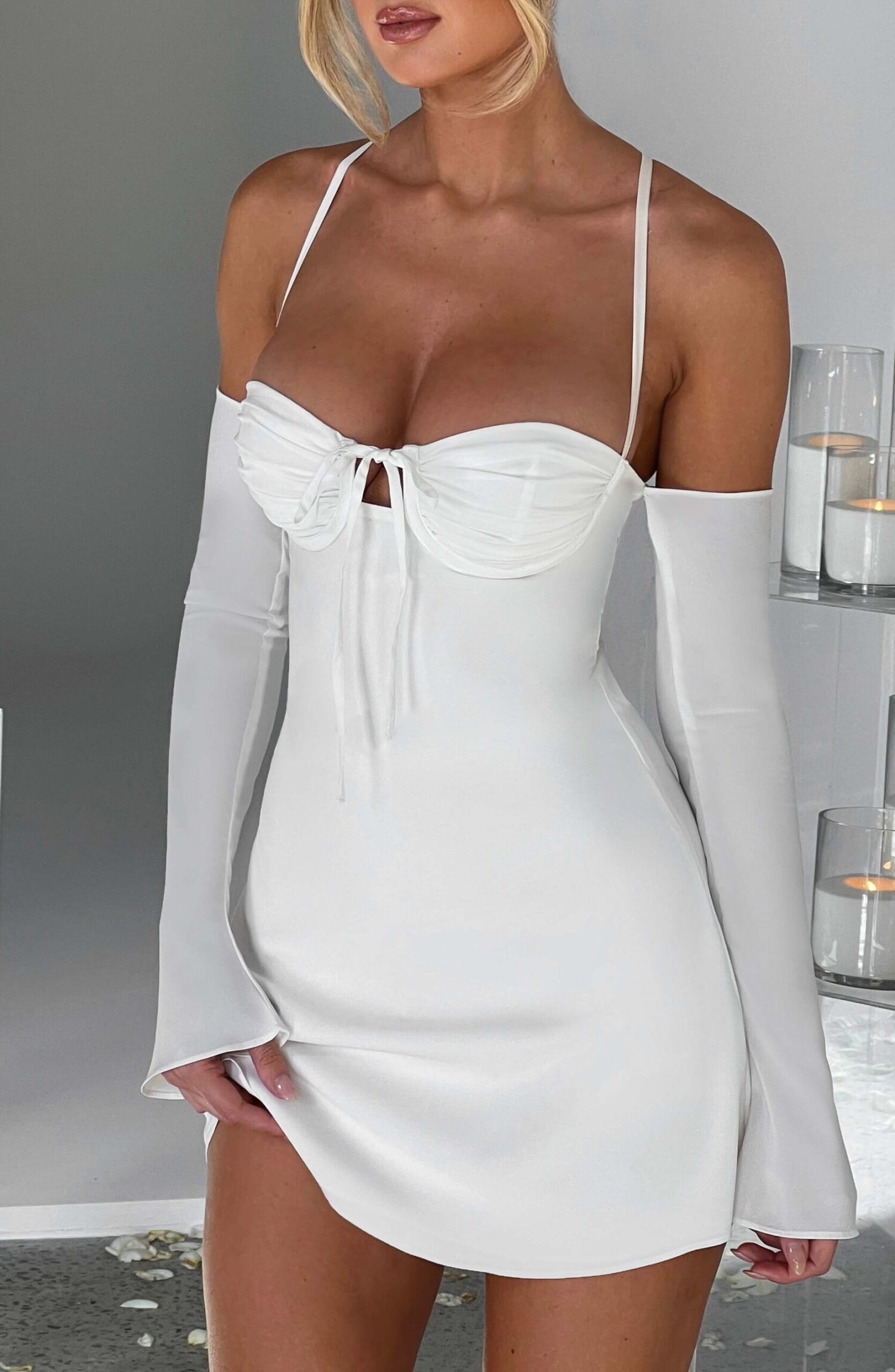 Fiona Ivory Chiffon Off-Shoulder Mini Dress with Plunging Back - Image 11