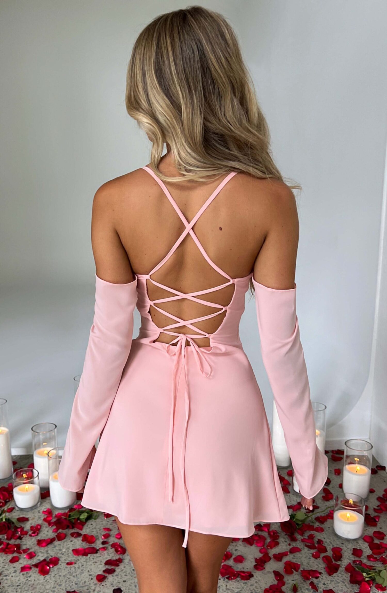 Fiona Mini Dress Blush Georgette Satin Flared Sleeve Lace Up Back - Image 2