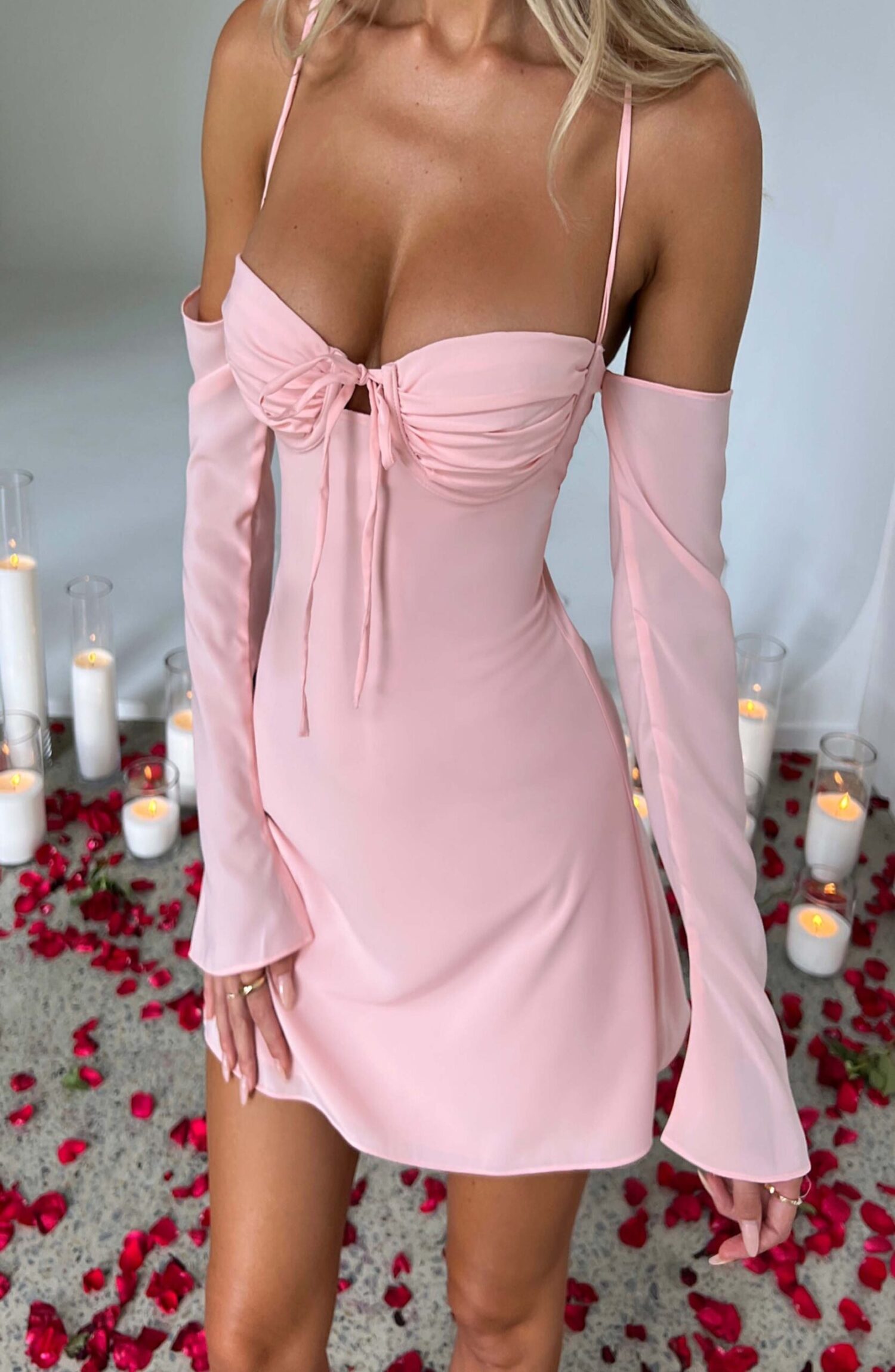 Fiona Mini Dress Blush Georgette Satin Flared Sleeve Lace Up Back - Image 6