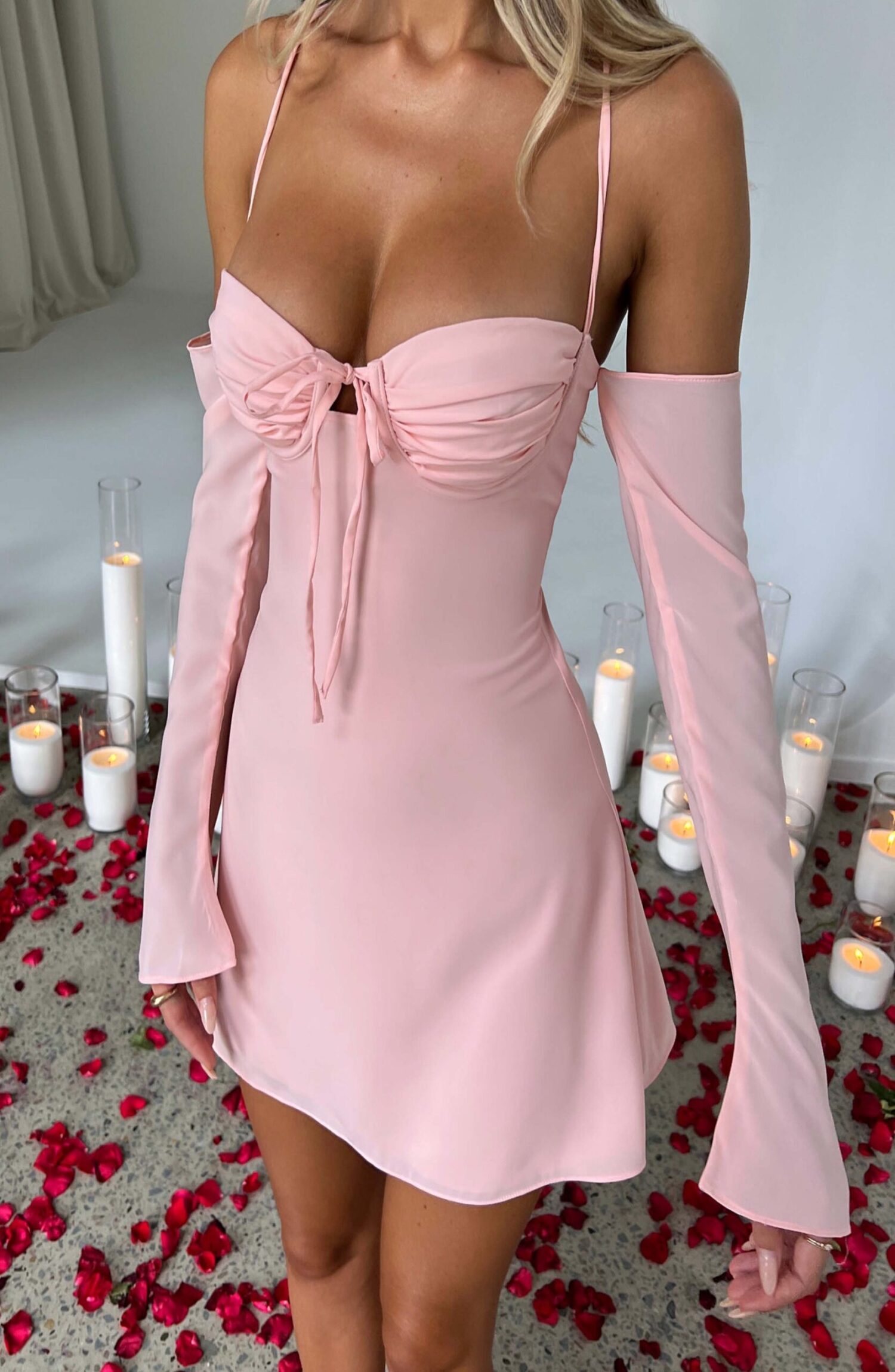 Fiona Mini Dress Blush Georgette Satin Flared Sleeve Lace Up Back