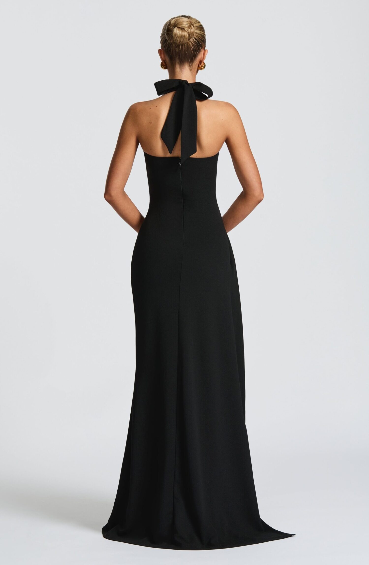 Genette Black Maxi Dress Halter Neck Stretch Crepe Thigh Split - Image 3