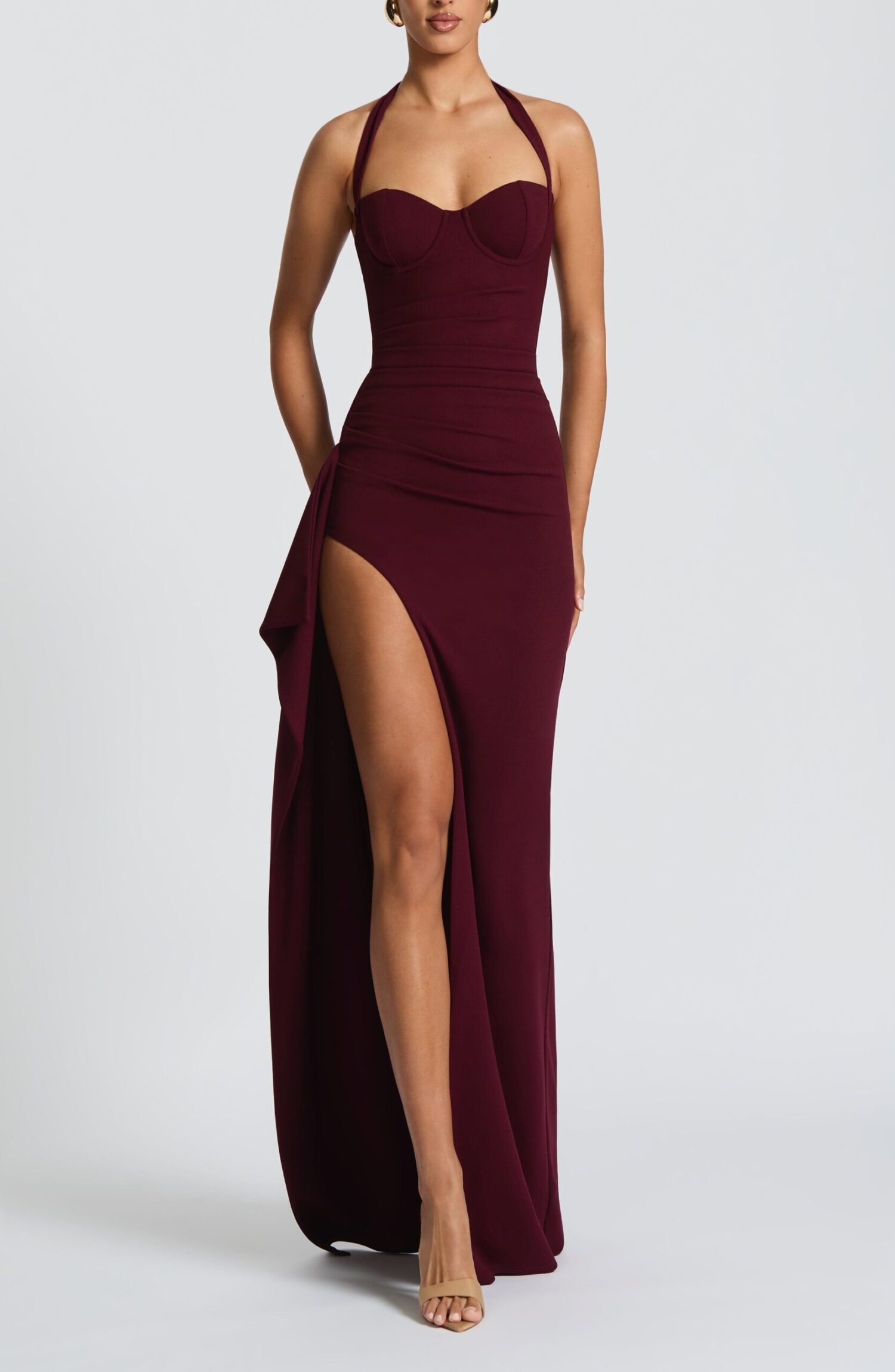 Genette Maxi Dress Cherry Lacquer Halter Neck Stretch Crepe Draped