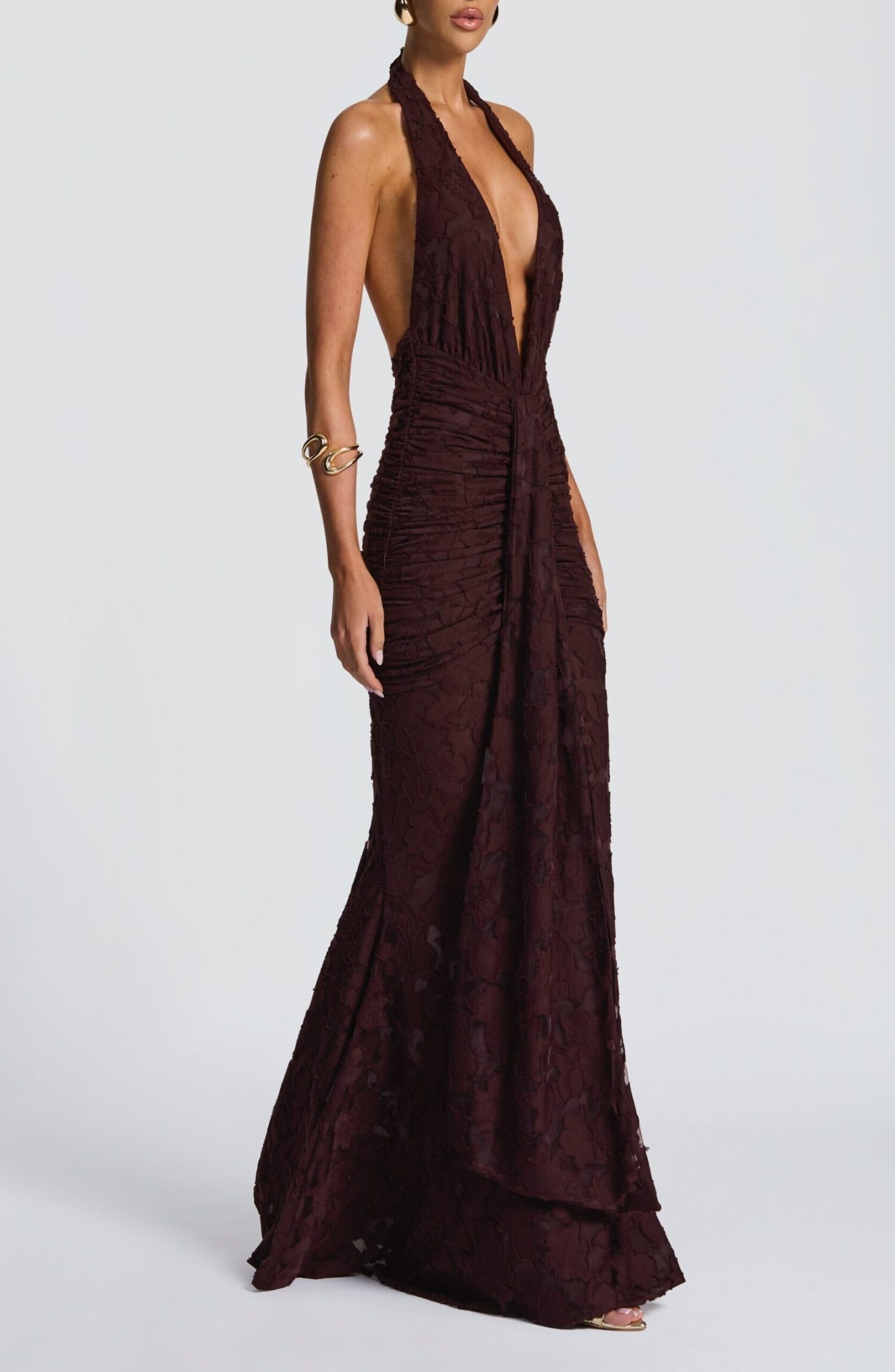 Guinevere Maxi Dress Plum Brown Floral Burnout Halterneck Ruched Split - Image 3