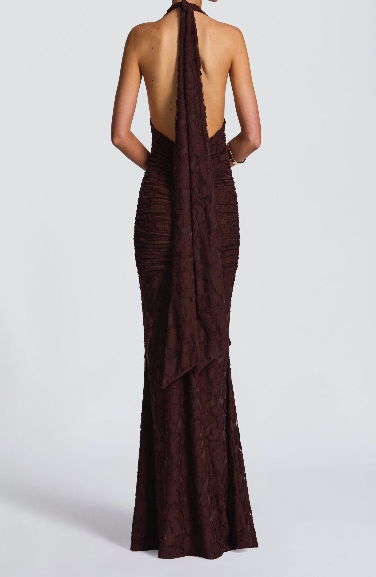 Guinevere Maxi Dress Plum Brown Floral Burnout Halterneck Ruched Split - Image 4