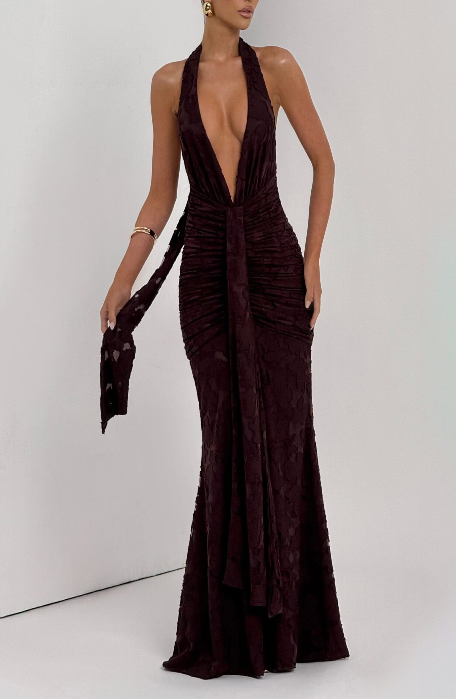 Guinevere Maxi Dress Plum Brown Floral Burnout Halterneck Ruched Split - Image 7
