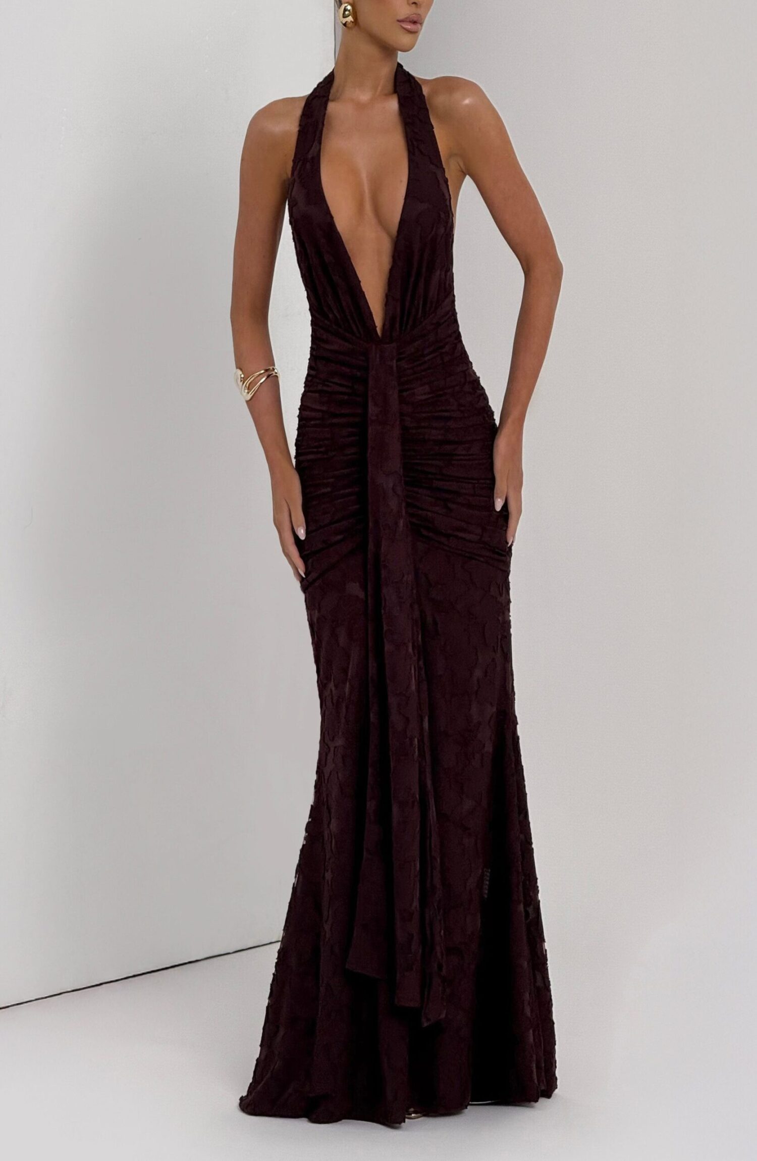 Guinevere Maxi Dress Plum Brown Floral Burnout Halterneck Ruched Split - Image 8