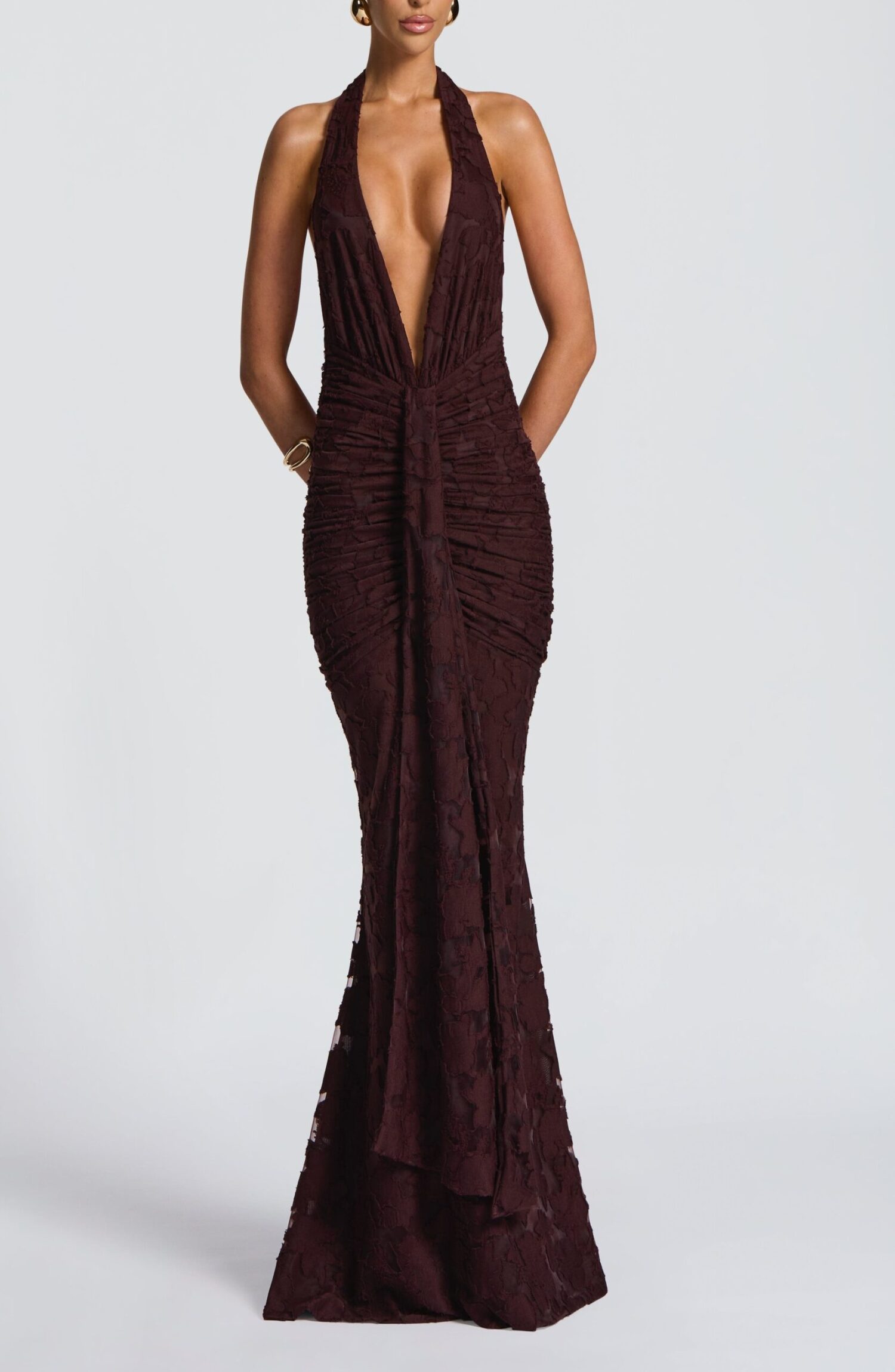Guinevere Maxi Dress Plum Brown Floral Burnout Halterneck Ruched Split - Image 2